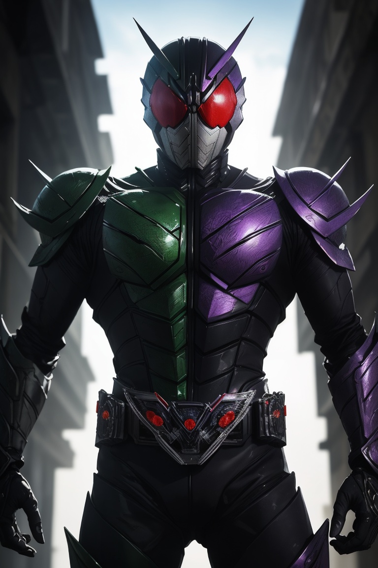 Stunning 8K masterpiece of Kamen Rider in a stylish action pose,  set against a simple yet striking black color scheme. Th...
