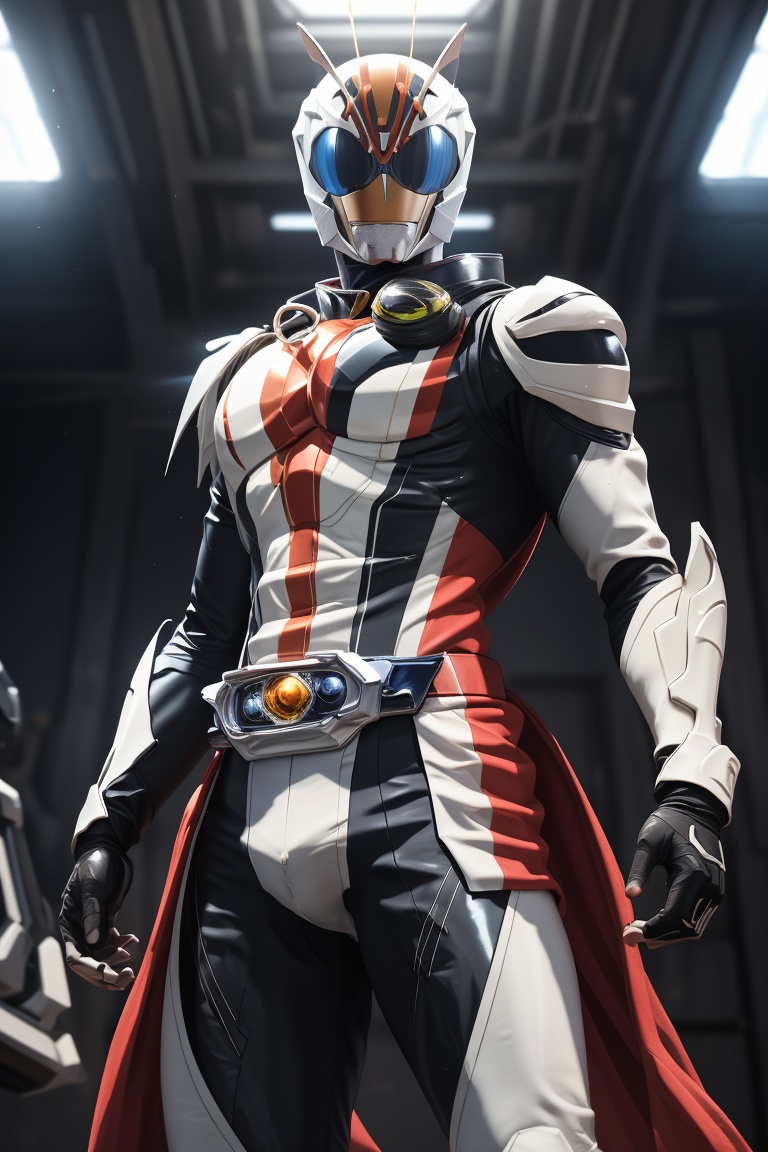 Kamen Rider stands solo in a radiant white aura,  exuding perfection as he strikes a powerful pose (1.3) showcasing flawle...