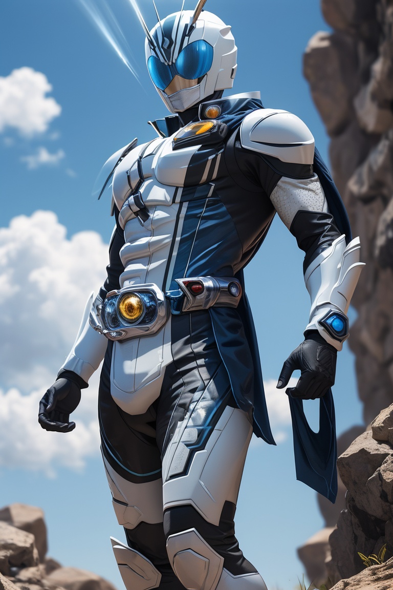 Kamen Rider stands solo in a radiant white aura,  exuding perfection as he strikes a powerful pose (1.3) showcasing flawle...