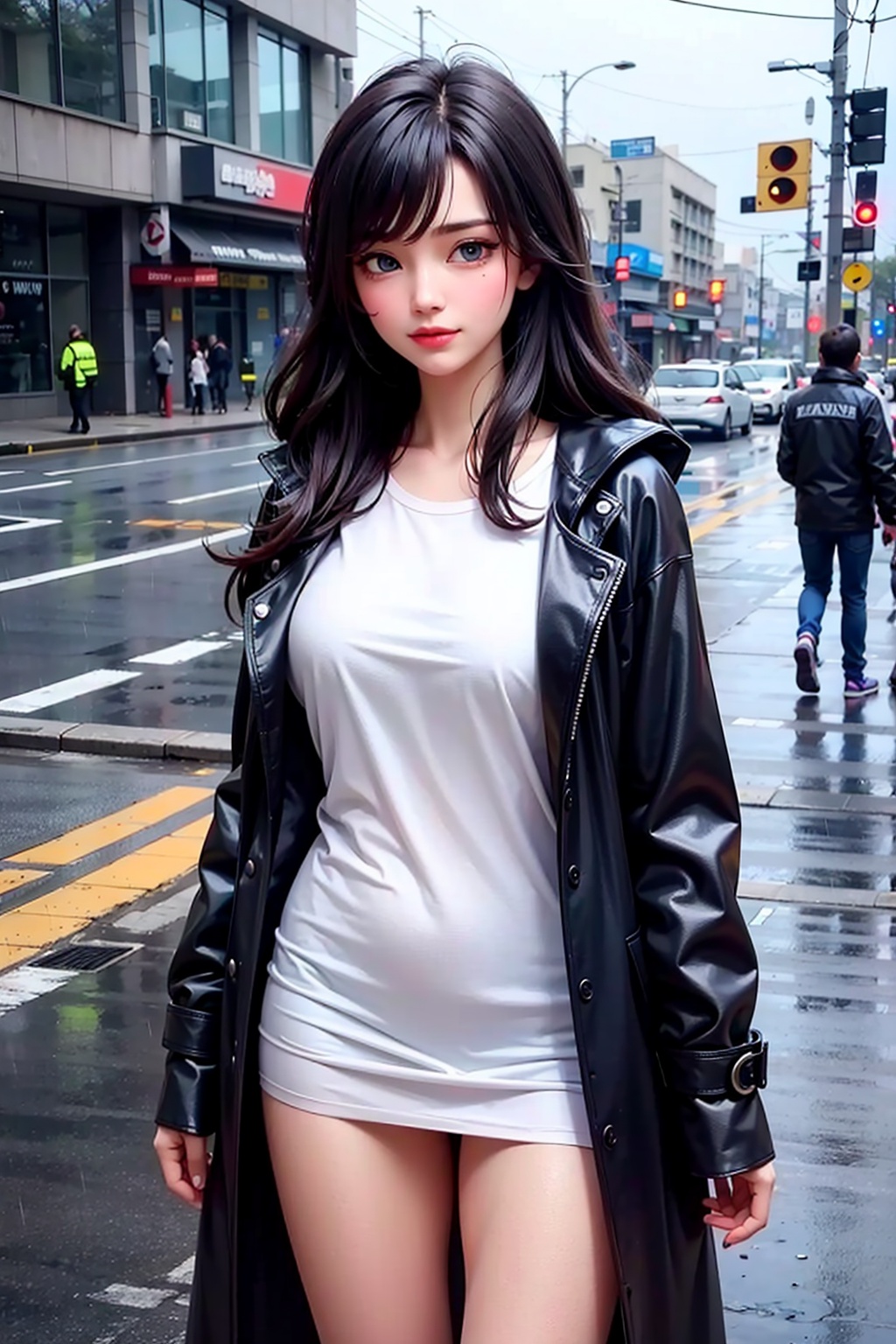 1girl,  blue eyes,  standing in cyberpunk city on Tensor.Art