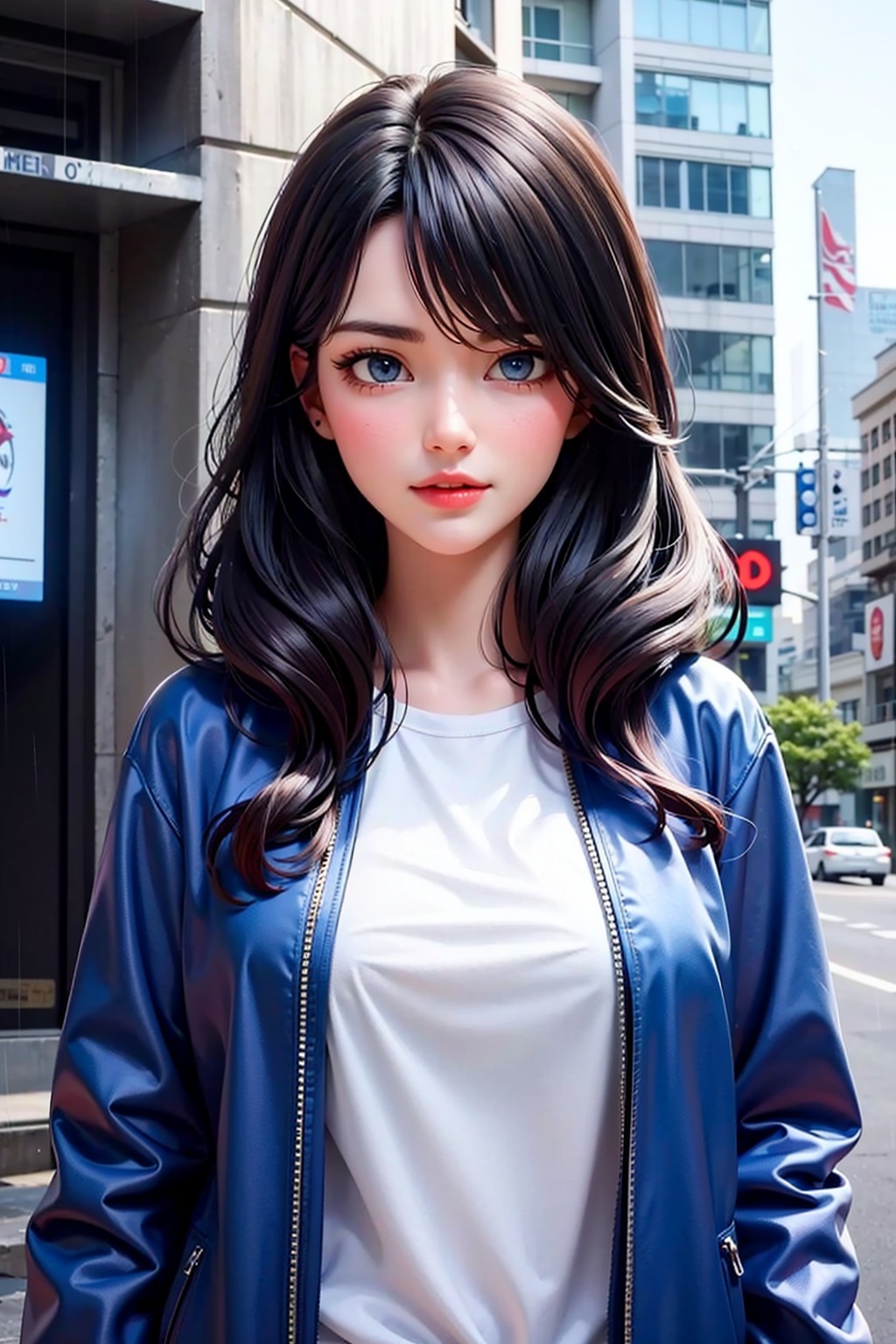 1girl,  blue eyes,  standing in cyberpunk city on Tensor.Art