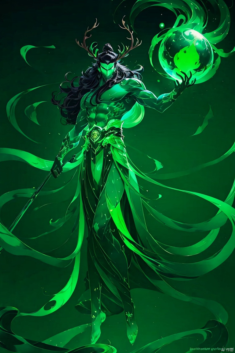 solo,long hair,black hair,1boy,full body,male focus,glowing,colored skin,floating,antlers,green skin,green theme,orb,
