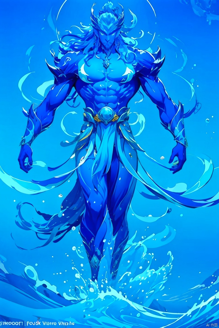 1boy solo long hair full body air bubble  beard  blue fire  blue hair  blue skin  blue theme  boat  bubble  caustics  earrings  fish  jewelry  looking at viewer  male focus  monster boy  ocean  open mouth  partially underwater shot  pool  solo  splashing  underwater  water  watercraft  waves  whale  yellow eyes 