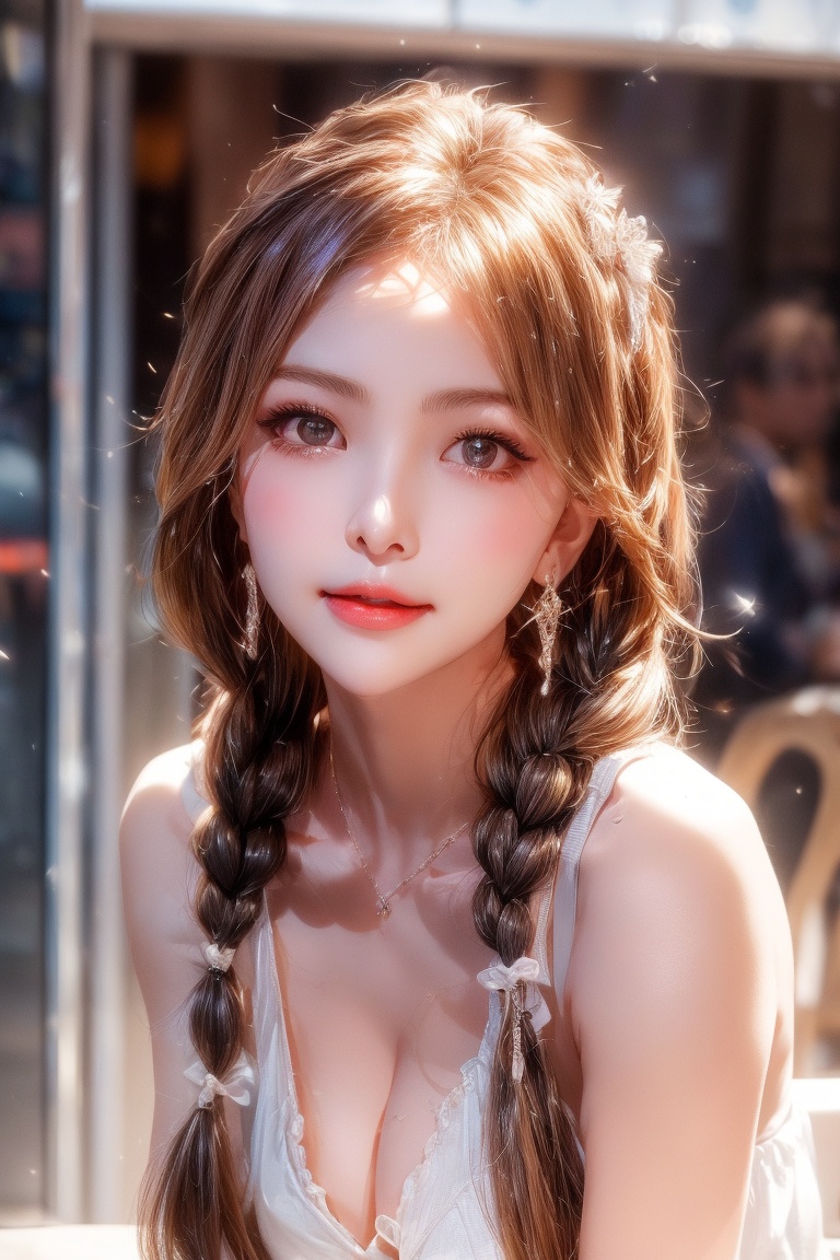 A stunning young woman sits confidently in a minimalist setting,  her piercing brown eyes locking onto the viewer's gaze....