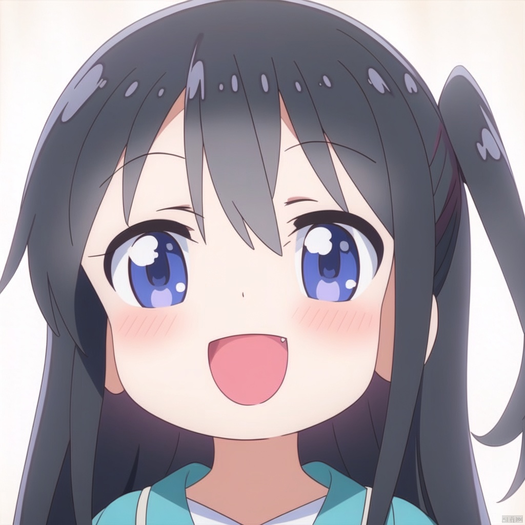 masterpiece,best quality, highly detailed,Hana,blush,1girl,open mouth,looking at viewer,one side up,solo,:d,fang,simple background,white background