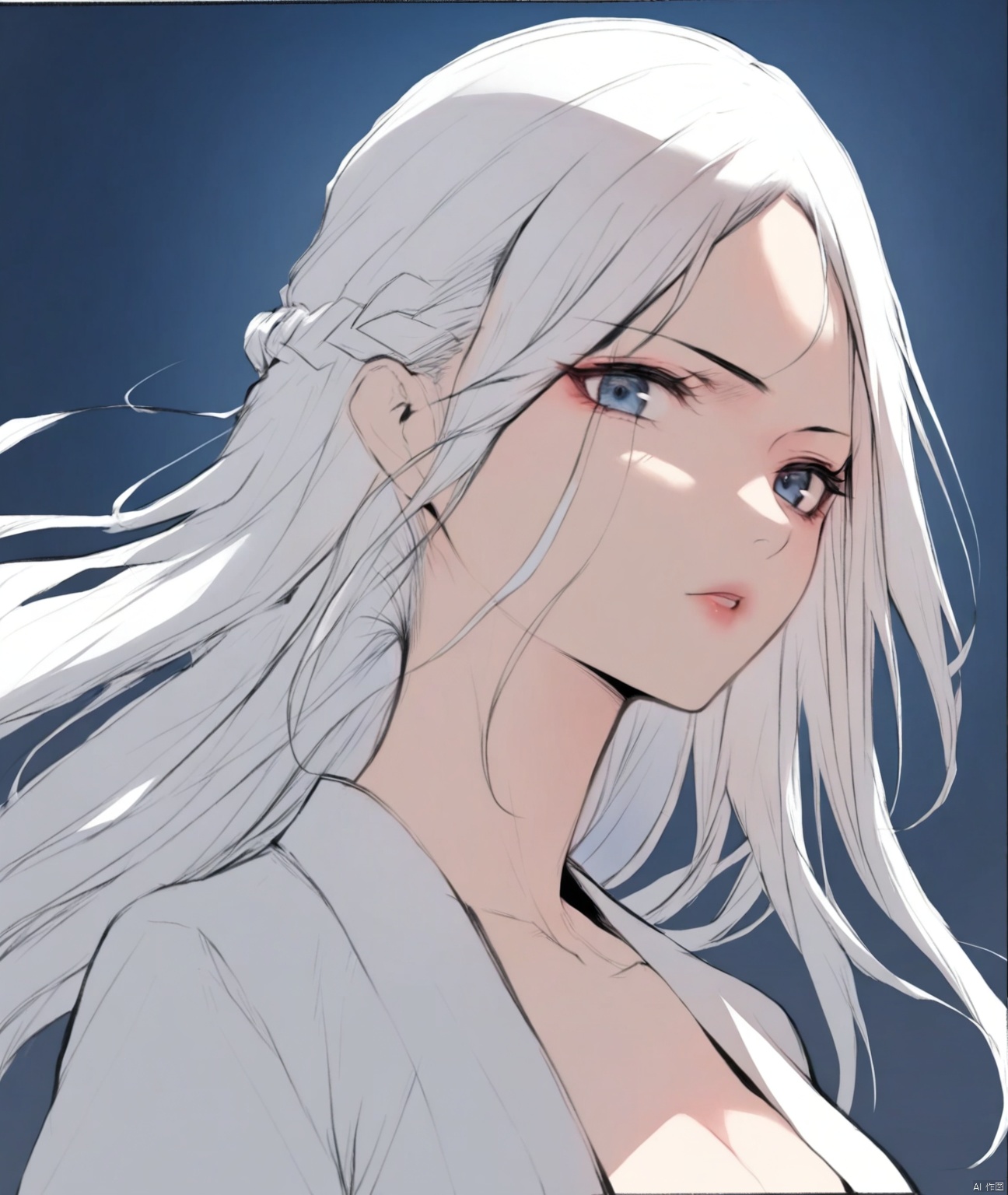  solo,highly detailed,(best quality),((masterpiece)),1girl,white hair,long hair,ning,looking_at_viewer,blue_eyes, upper body,