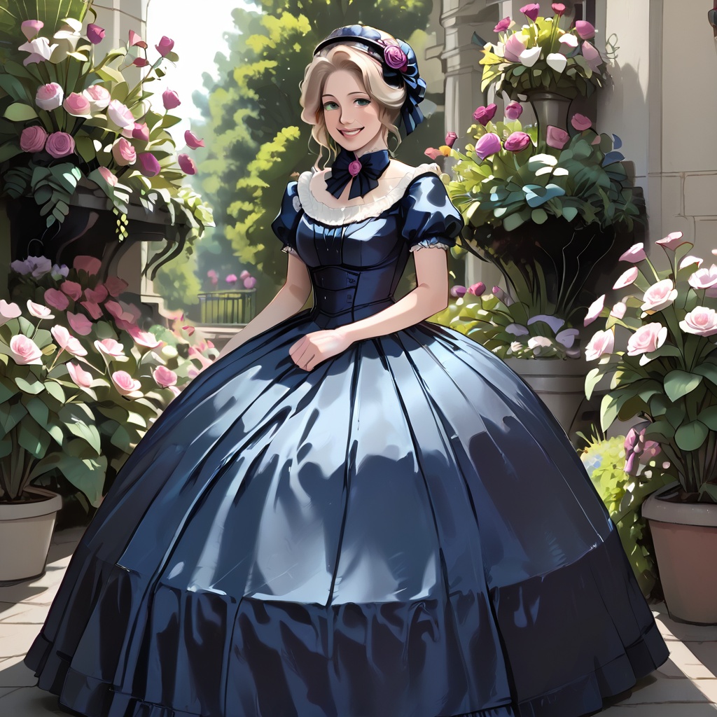 cute victorian woman wearing hoopdress in garden,  smile on Tensor.Art
