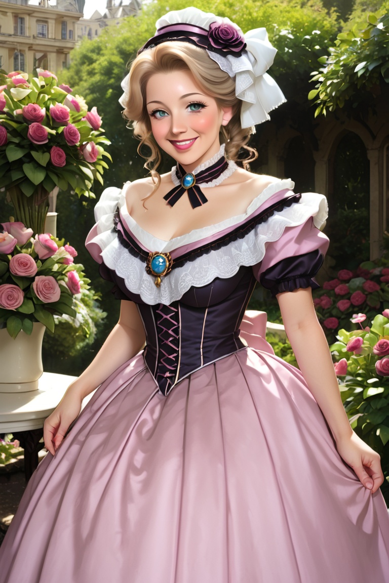 cute victorian woman wearing hoopdress in garden,  smile on Tensor.Art