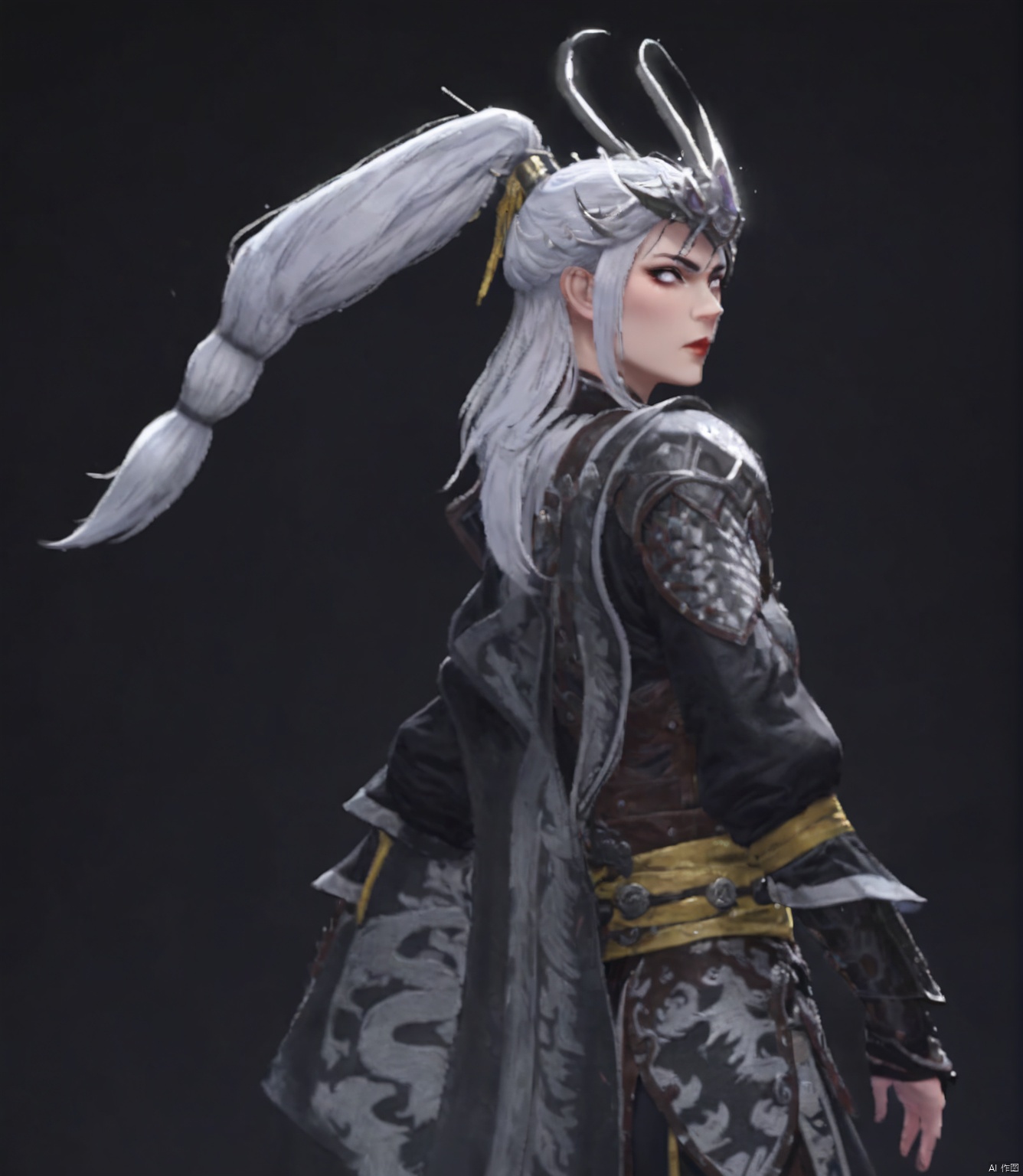 solo, highly detailed, cinematic highlight hair, (best quality), ((masterpiece)),1girl, white hair,simple_background, long hair,miaoying,ponytail,white eyes,looking_at_viewer,shouhui,