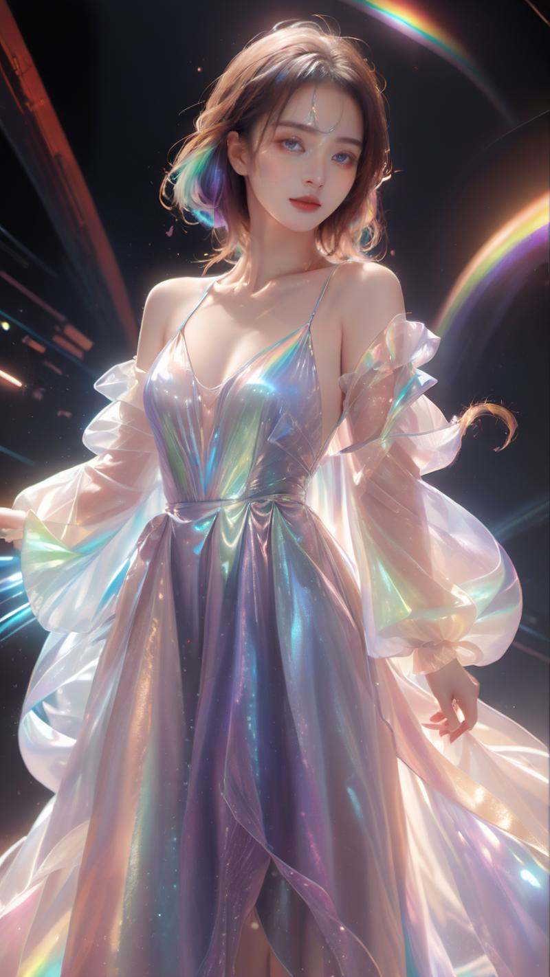 masterpiece, best quality,highres, 1girl, tall，long hair, Transparent, see-through, looking at viewer, organza night dress, perfect cut, holographic plastic, liulixl, nubela, iridescence,clean face, (full body:1.3), <lora:liulixl:1>, <lora:SDXLFaeTastic2400:0.7>,A beautiful woman wearing a shiny, iridescent gown, with transparent sleeves. The gown has a holographic, rainbow-like sheen. She stands in a futuristic setting with soft, glowing lights in the background. The atmosphere is dreamy and ethereal, with delicate light effects enhancing the magical feel. Detailed, high-quality rendering, with a focus on the shimmering textures of the gown and the serene expression on her face.