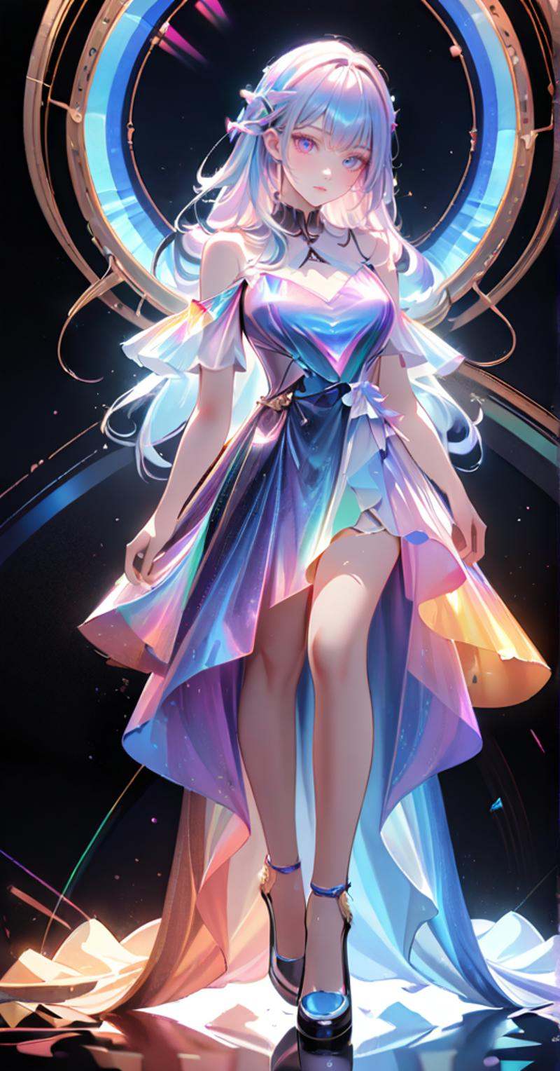 1girl, full_body, tall, long hair, Perfect body proportions, Perfect head to shoulder ratio, slim, glowing colors, liulixl, beautiful dress, iridescence, jewelry, look at looking at viewer, detailed, realistic, 8k uhd, high quality, <lora:liulixl2-000006:1>