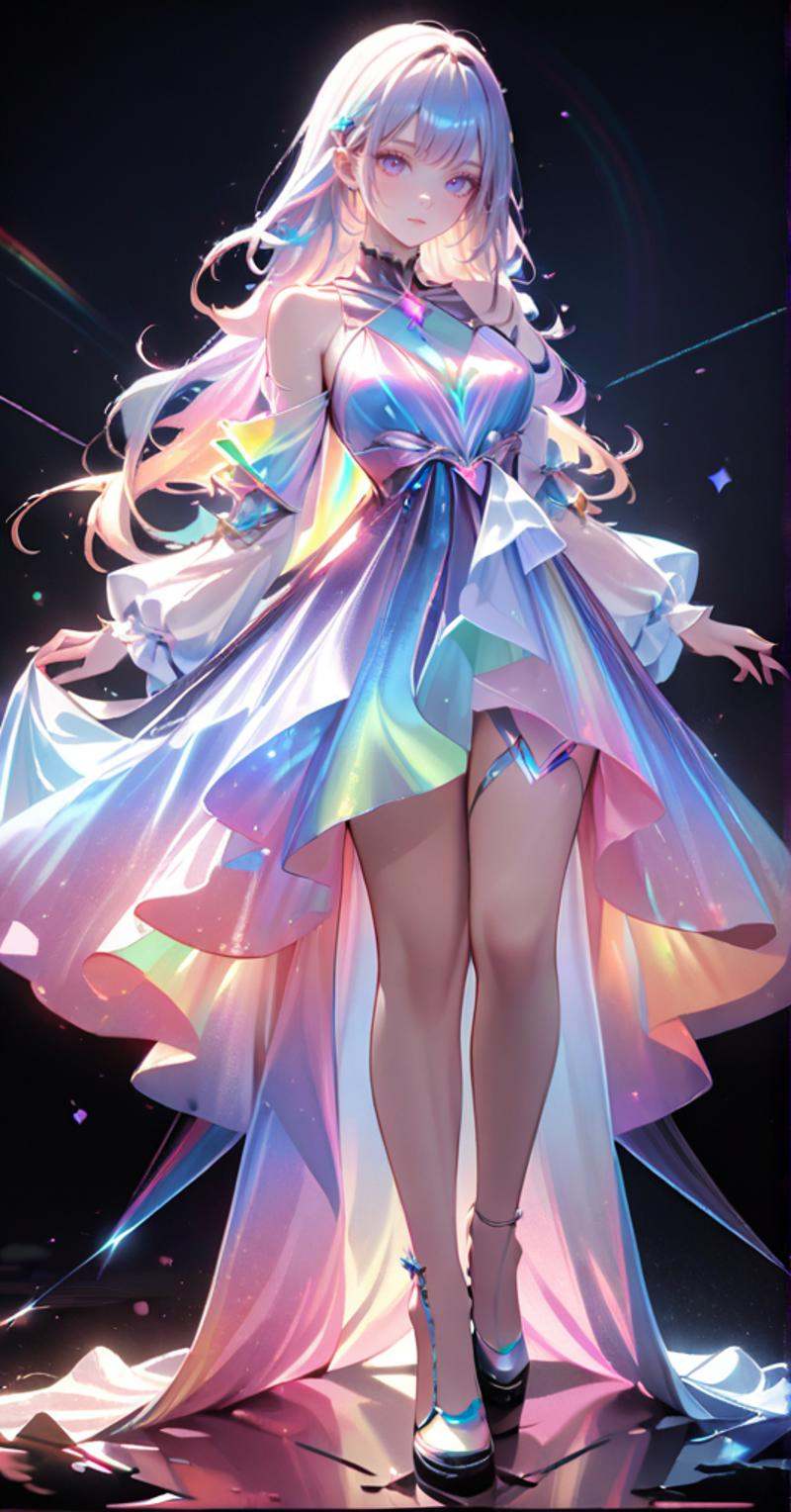 1girl, full_body, tall, long hair, Perfect body proportions, Perfect head to shoulder ratio, slim, glowing colors, liulixl, beautiful dress, iridescence, jewelry, look at looking at viewer, detailed, realistic, 8k uhd, high quality, <lora:liulixl2-000006:1>