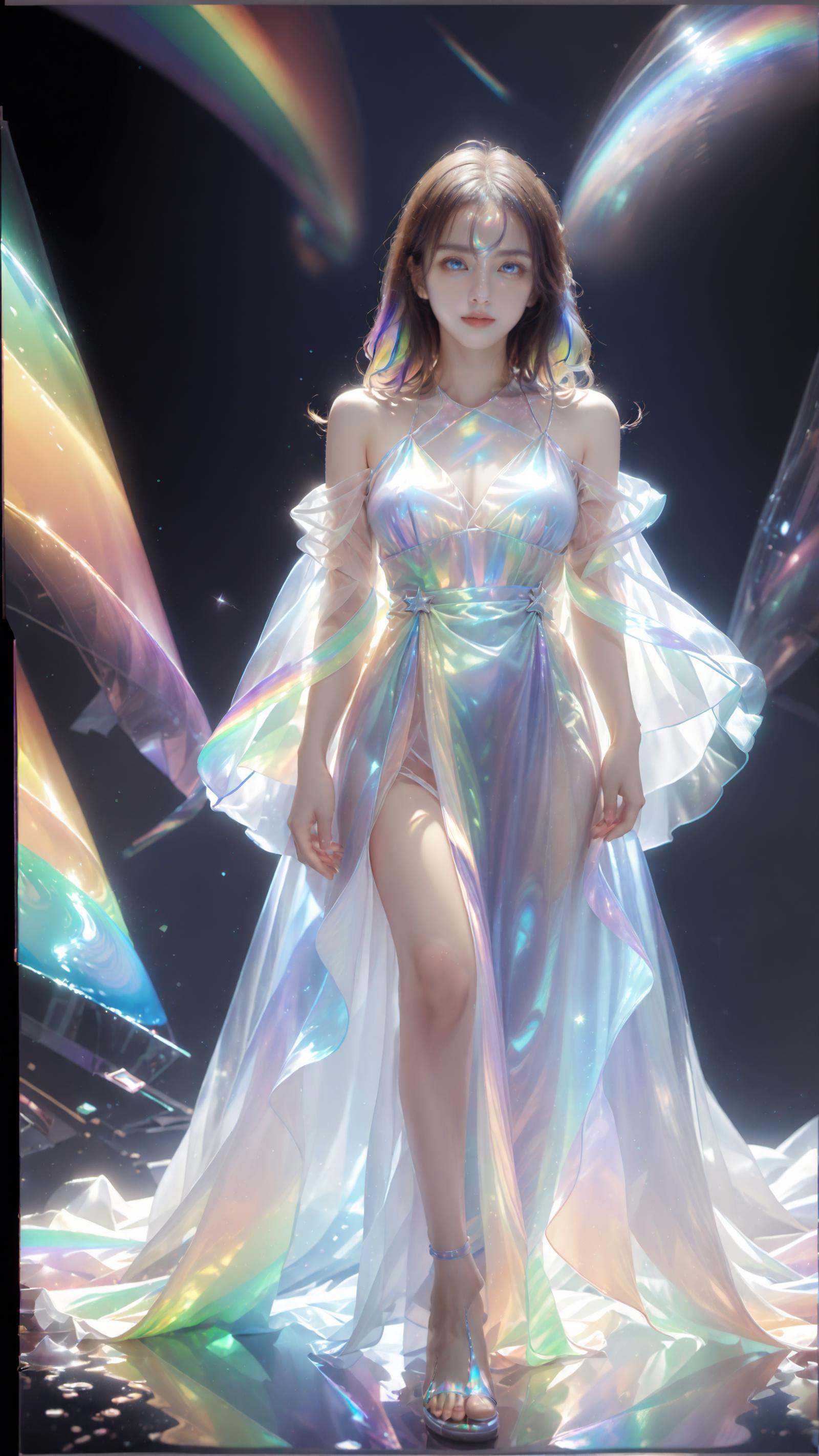 masterpiece, best quality,highres, 1girl, tall，long hair, Transparent, see-through, looking at viewer, organza night dress, perfect cut, holographic plastic, liulixl, iridescence,clean face, full body, <lora:liulixl:1>,  <lora:SDXLFaeTastic2400:0.7>