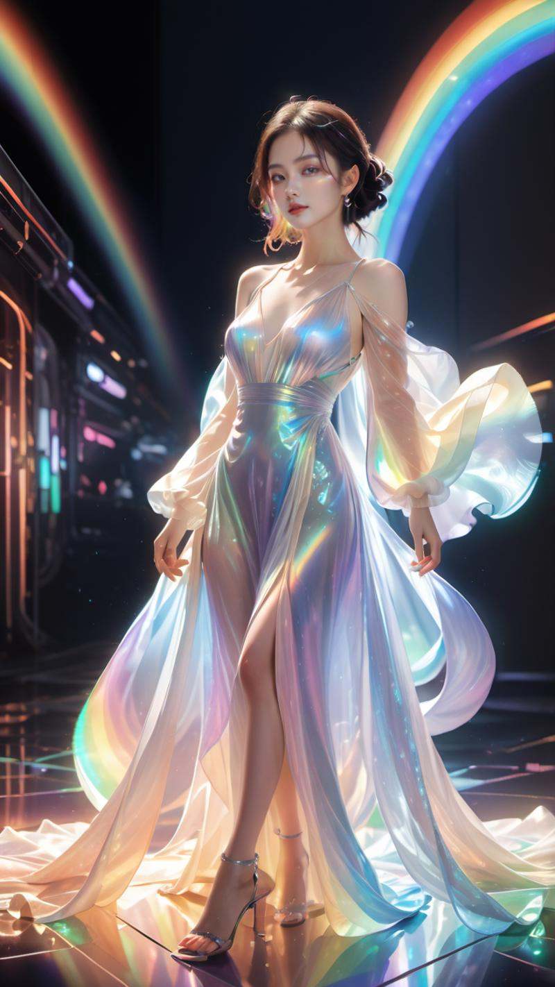 masterpiece, best quality,highres, 1girl, tall，long hair, Transparent, see-through, looking at viewer, organza night dress, perfect cut, holographic plastic, liulixl, nubela, iridescence,clean face, full body, <lora:liulixl:0.7>, <lora:SDXLFaeTastic2400:0.7>,A beautiful woman wearing a shiny, iridescent gown, with transparent sleeves. The gown has a holographic, rainbow-like sheen. She stands in a futuristic setting with soft, glowing lights in the background. The atmosphere is dreamy and ethereal, with delicate light effects enhancing the magical feel. Detailed, high-quality rendering, with a focus on the shimmering textures of the gown and the serene expression on her face.