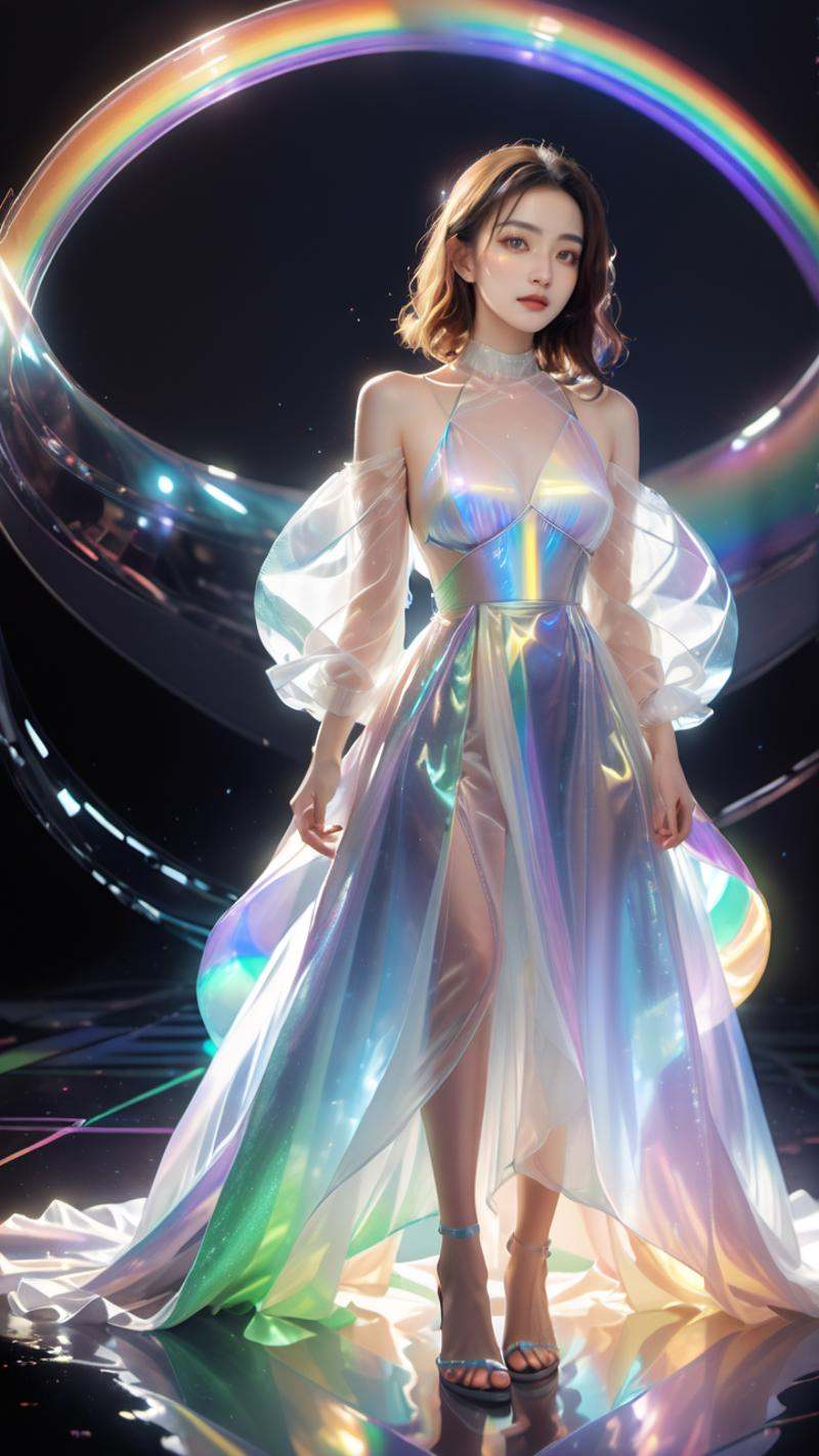 masterpiece, best quality,highres, 1girl, tall，long hair, Transparent, see-through, looking at viewer, organza night dress, perfect cut, holographic plastic, liulixl, nubela, iridescence,clean face, full body, <lora:liulixl:0.7>, <lora:SDXLFaeTastic2400:0.7>,A beautiful woman wearing a shiny, iridescent gown, with transparent sleeves. The gown has a holographic, rainbow-like sheen. She stands in a futuristic setting with soft, glowing lights in the background. The atmosphere is dreamy and ethereal, with delicate light effects enhancing the magical feel. Detailed, high-quality rendering, with a focus on the shimmering textures of the gown and the serene expression on her face.
