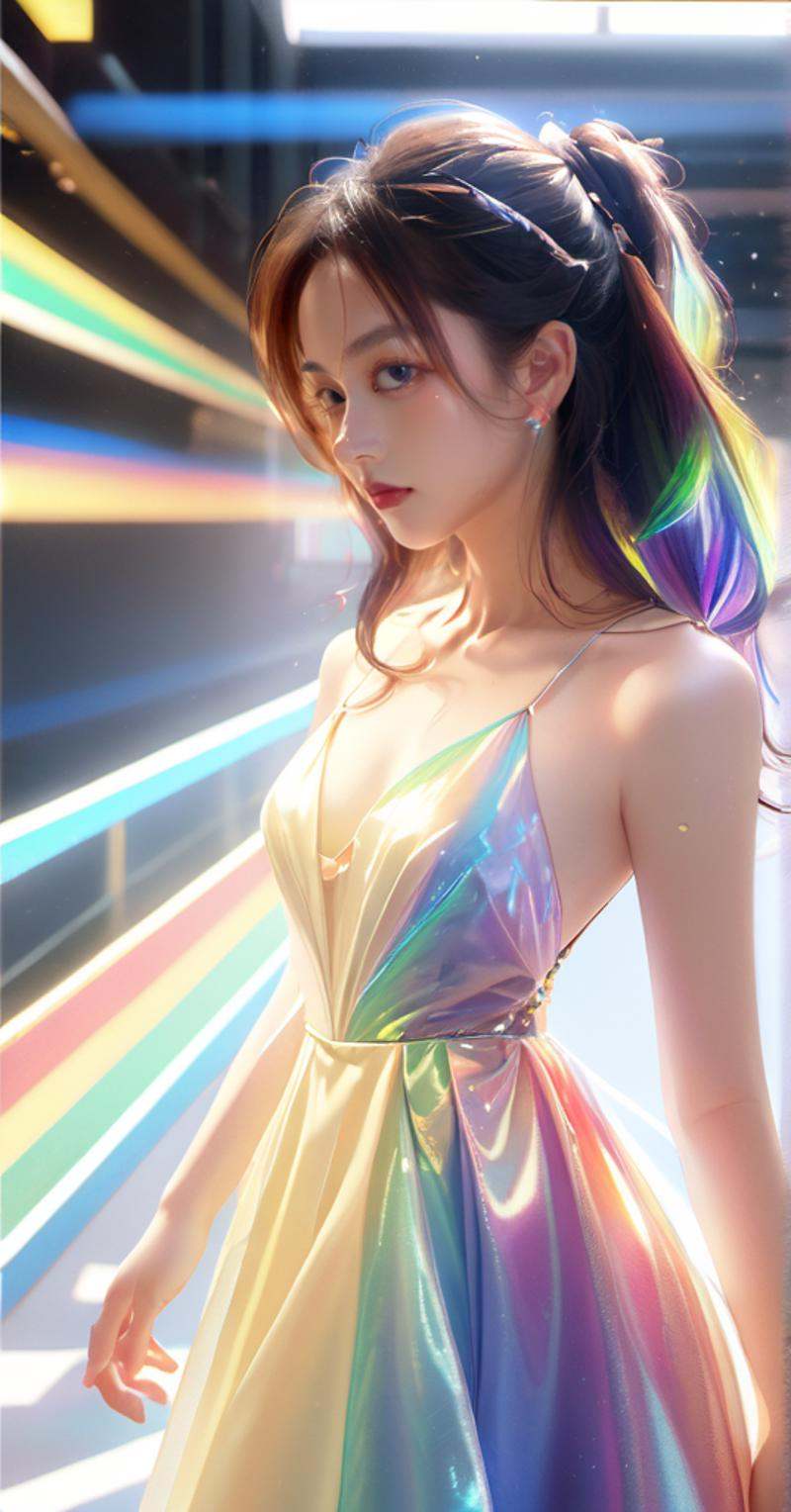 1girl, full_body, tall, long hair, Perfect body proportions, Perfect head to shoulder ratio, slim, glowing colors, liulixl, beautiful dress, iridescence, jewelry, look at looking at viewer, detailed, realistic, 8k uhd, high quality, <lora:liulixl2-000006:1>