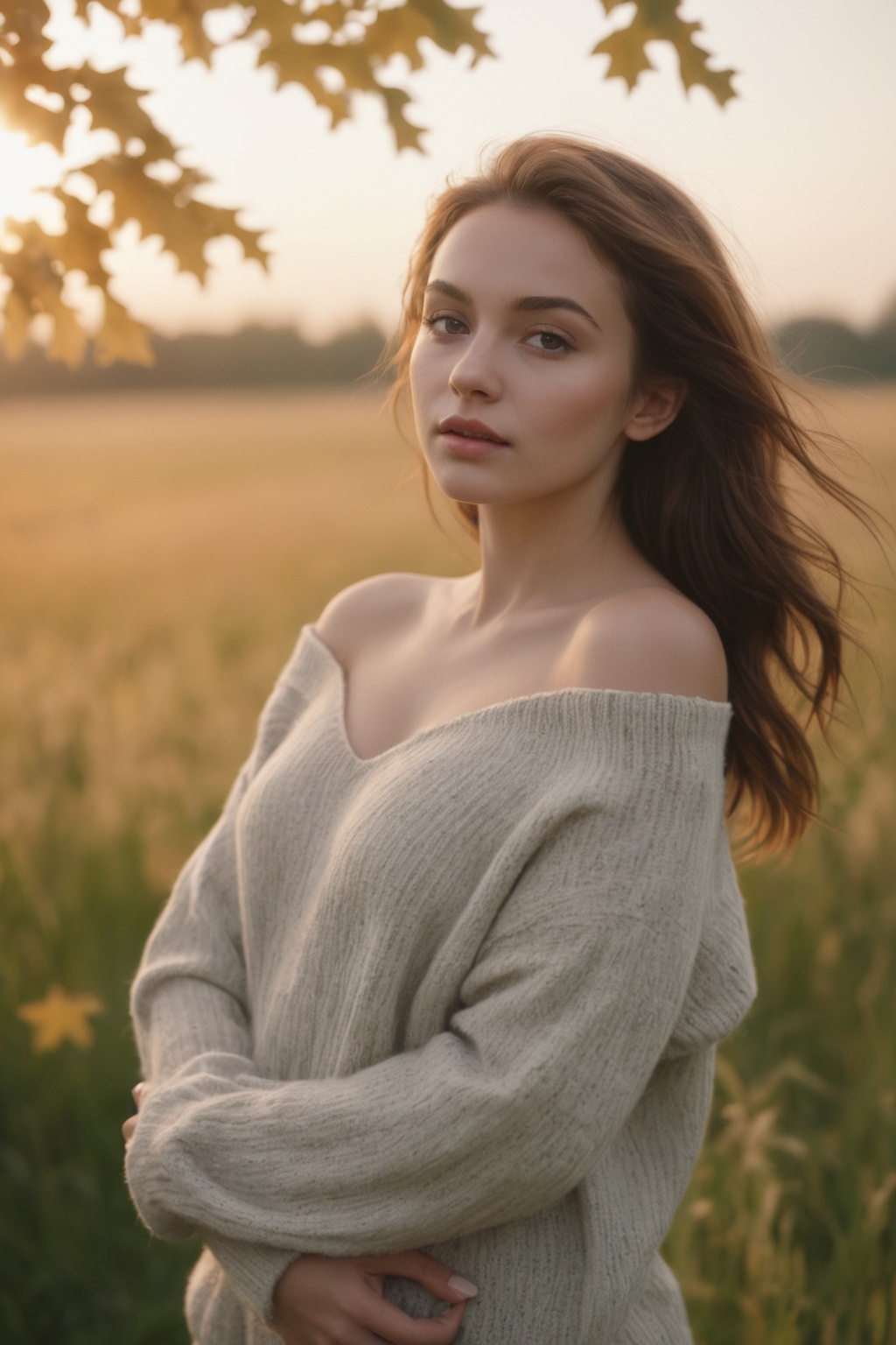 Masterpiece, 8k resolution, extremely high-resolution details, high detail, incredibly lifelike, realistic, photorealistic, fine texture, portrait of a beautiful woman with delicate features, emotional expression, pastel colors, looking at viewer, solo focus, wearing an off-shoulder oversized sweater, thin waist, cleavage, in a field of grass with maple trees during golden hour, soft lighting, dreamy atmosphere, ethereal, film photograpy, film grain,
