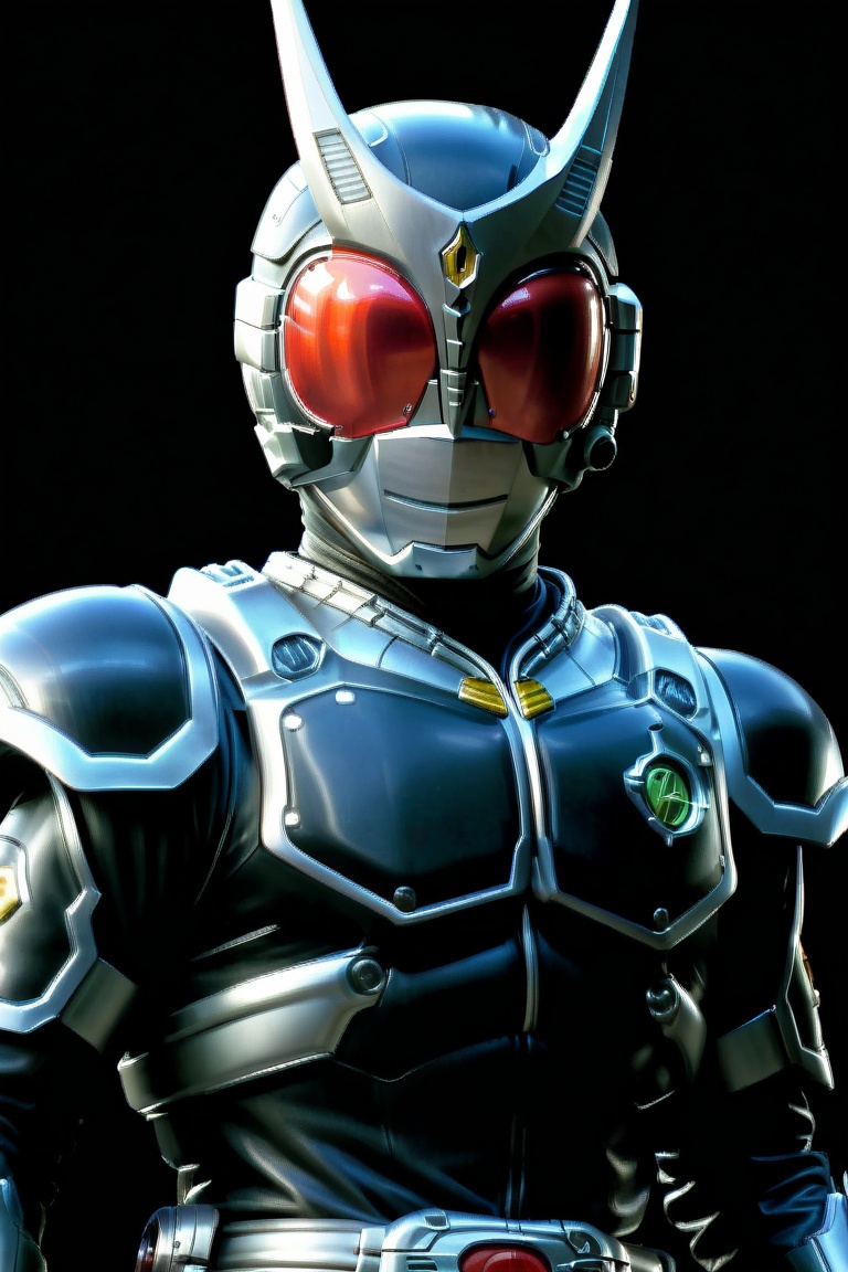 Close-up shot of Kamen Rider standing solo in a darkened room with silver and black colors dominating the frame. The Rider...