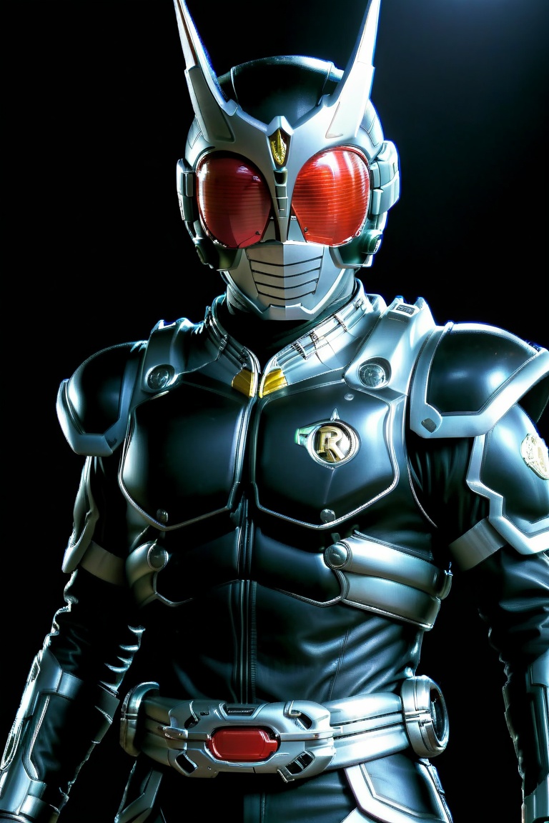 Close-up shot of Kamen Rider standing solo in a darkened room with silver and black colors dominating the frame. The Rider...