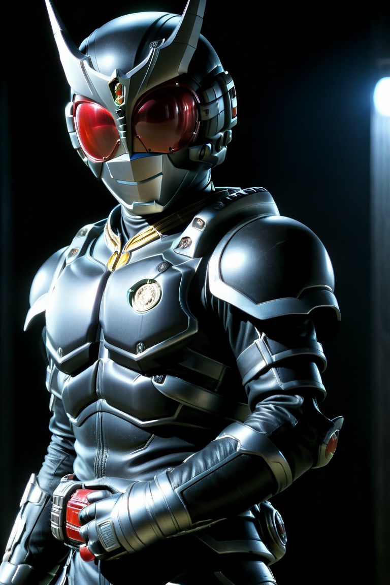 Close-up shot of Kamen Rider standing solo in a darkened room with silver and black colors dominating the frame. The Rider...