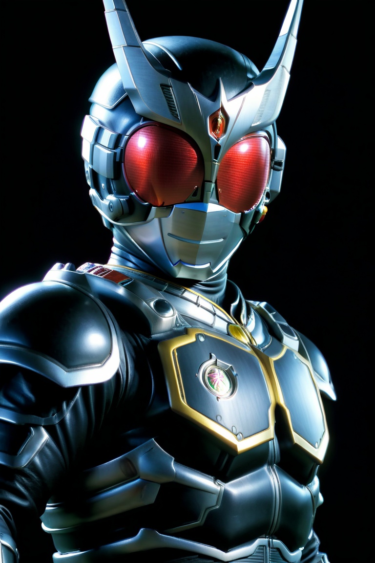Close-up shot of Kamen Rider standing solo in a darkened room with silver and black colors dominating the frame. The Rider...