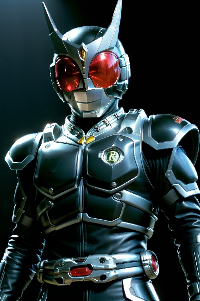 Close-up shot of Kamen Rider standing solo in a darkened room with silver and black colors dominating the frame. The Rider...