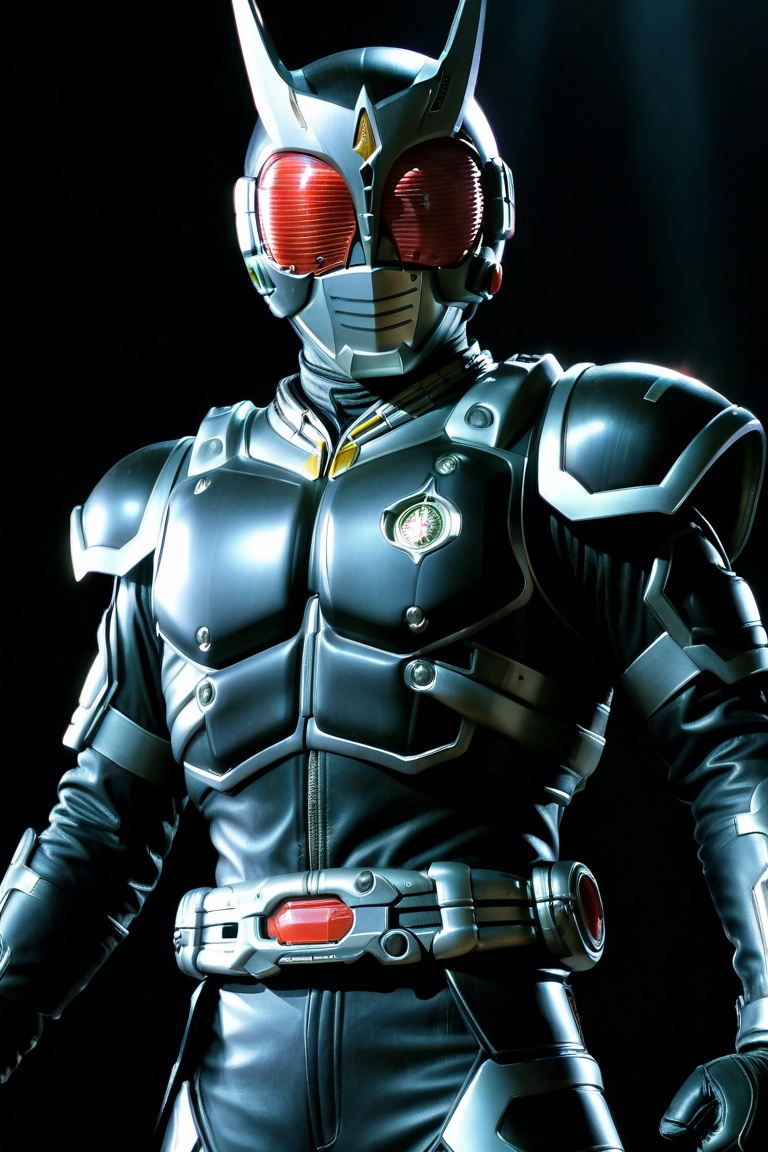Close-up shot of Kamen Rider standing solo in a darkened room with silver and black colors dominating the frame. The Rider...
