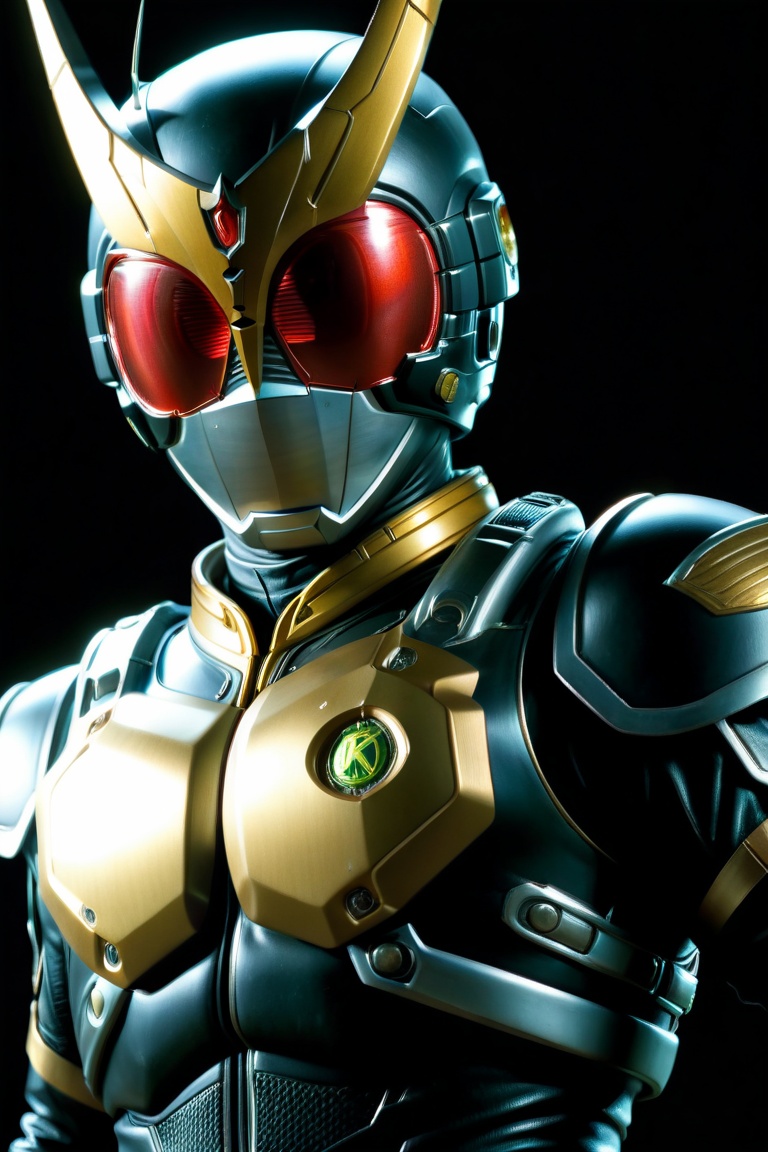 Close-up shot of Kamen Rider standing solo in a darkened room with gold colors dominating the frame. The Rider assumes an...