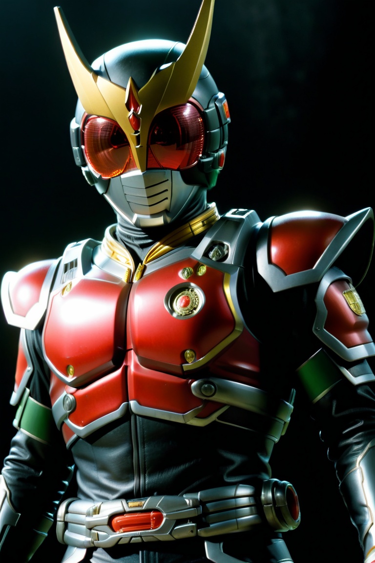 Close-up shot of Kamen Rider standing solo in a darkened room with gold colors dominating the frame. The Rider assumes an...