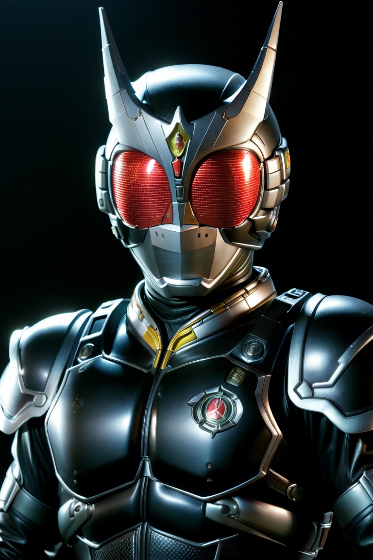 Close-up shot of Kamen Rider standing solo in a darkened room with silver and black colors dominating the frame. The Rider...