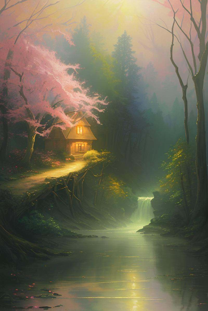 a painting of a river running through a forest,  a detailed painting,  by Thomas Kinkade on Tensor.Art