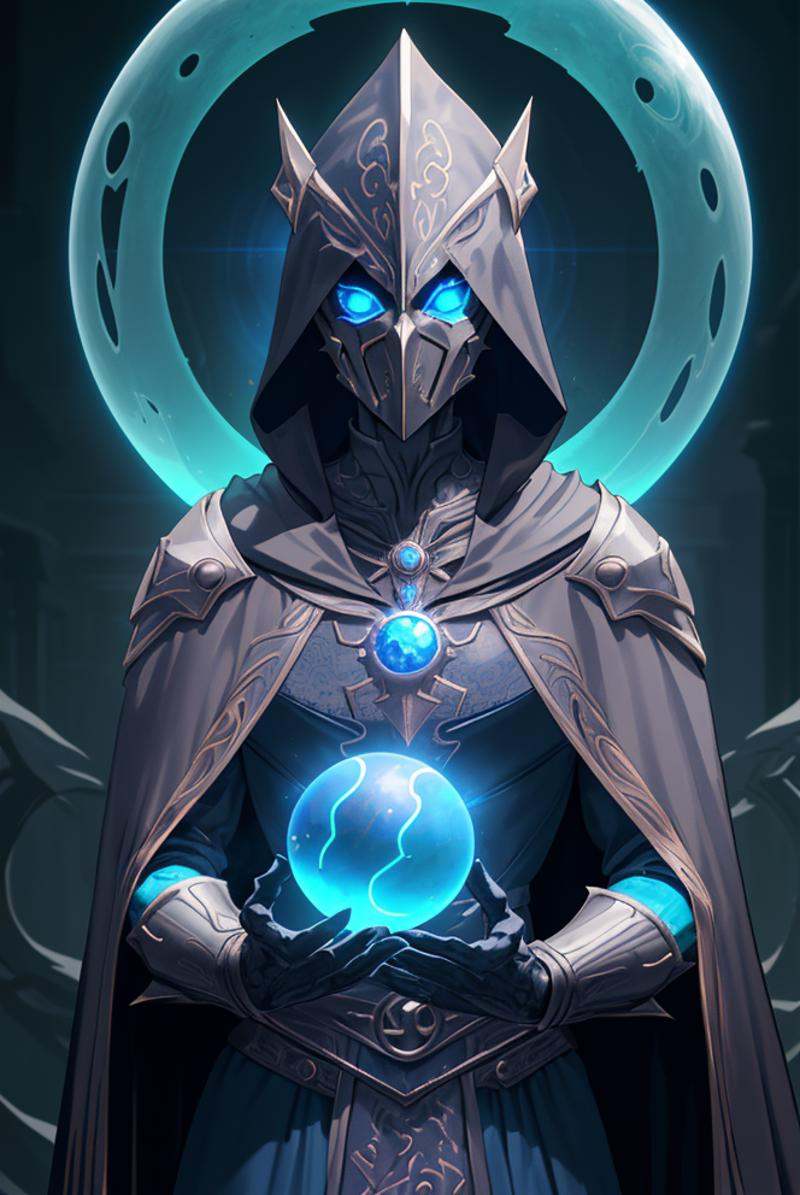 a filigree giant [metal|man|machine|shadow] creature with a blue orb core in chest,  cloak,  metal mask on Tensor.Art