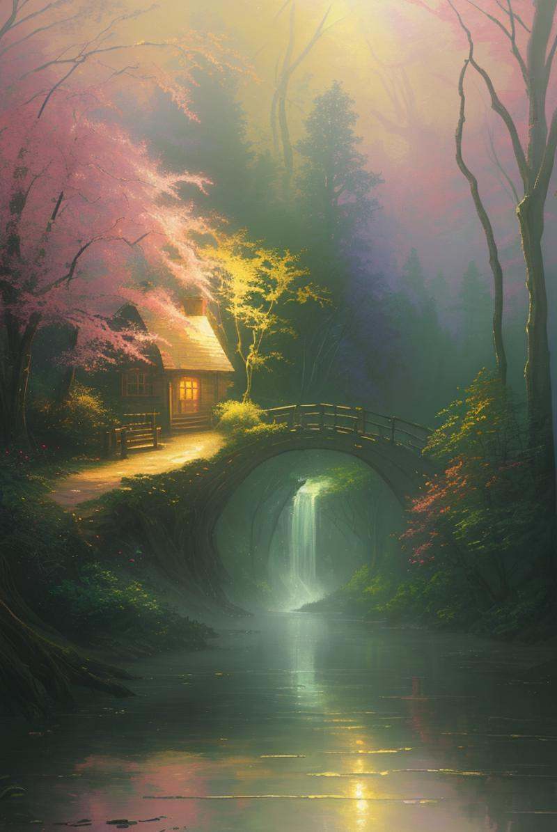 a painting of a river running through a forest,  a detailed painting,  by Thomas Kinkade on Tensor.Art