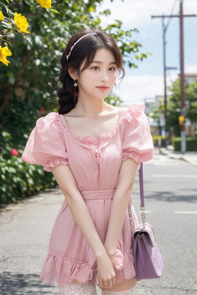 flower, pink_rose, rose, pink_flower, white_rose, 1girl, red_rose, purple_rose, jewelry, yellow_rose, thighhighs, purple_flower, braid, yellow_flower, red_flower, earrings, black_rose, solo, long_hair, black_flower, black_hair, purple_eyes, white_legwear, hairband, frills, white_flower,moyou, qiqiu