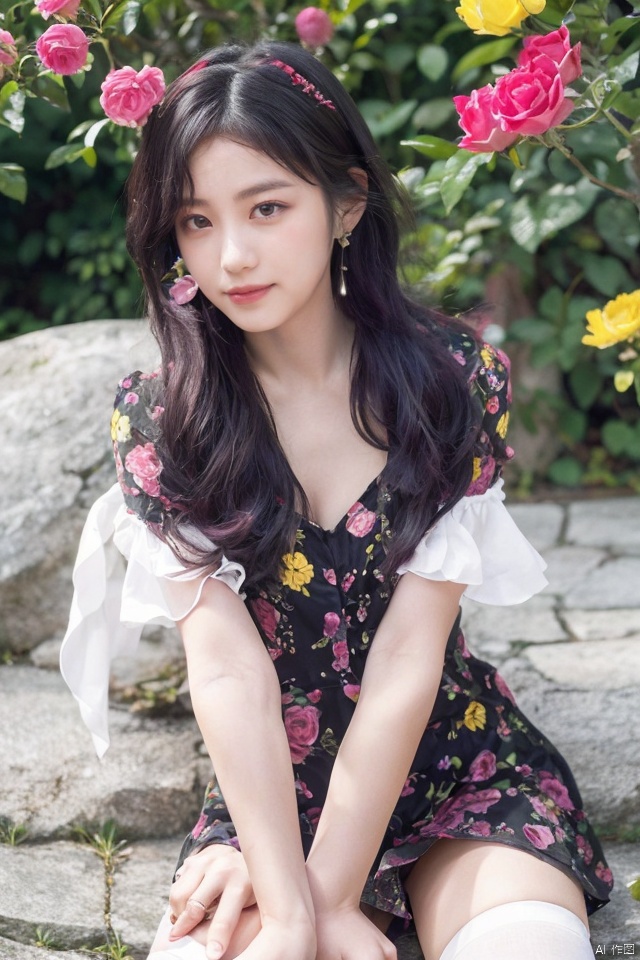 flower, pink_rose, rose, pink_flower, white_rose, 1girl, red_rose, purple_rose, jewelry, yellow_rose, thighhighs, purple_flower, braid, yellow_flower, red_flower, earrings, black_rose, solo, long_hair, black_flower, black_hair, purple_eyes, white_legwear, hairband, frills, white_flower,moyou, qiqiu