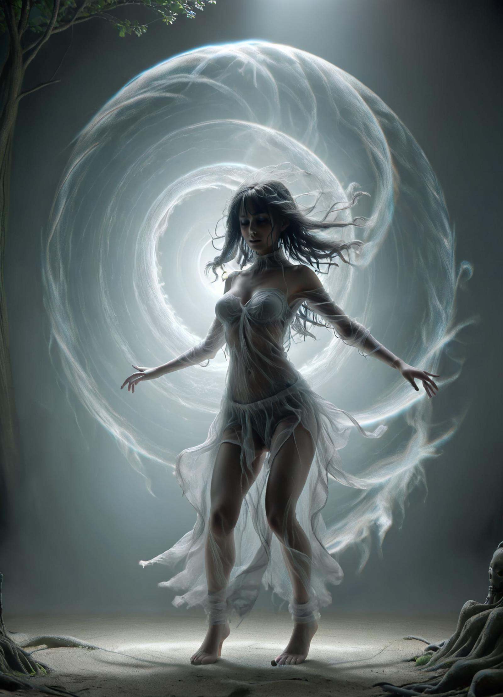 DonMV00d00XL homunculus,  female elementalist shadow magic swirling transparent,  transluscent vortex of wind on Tensor.Art