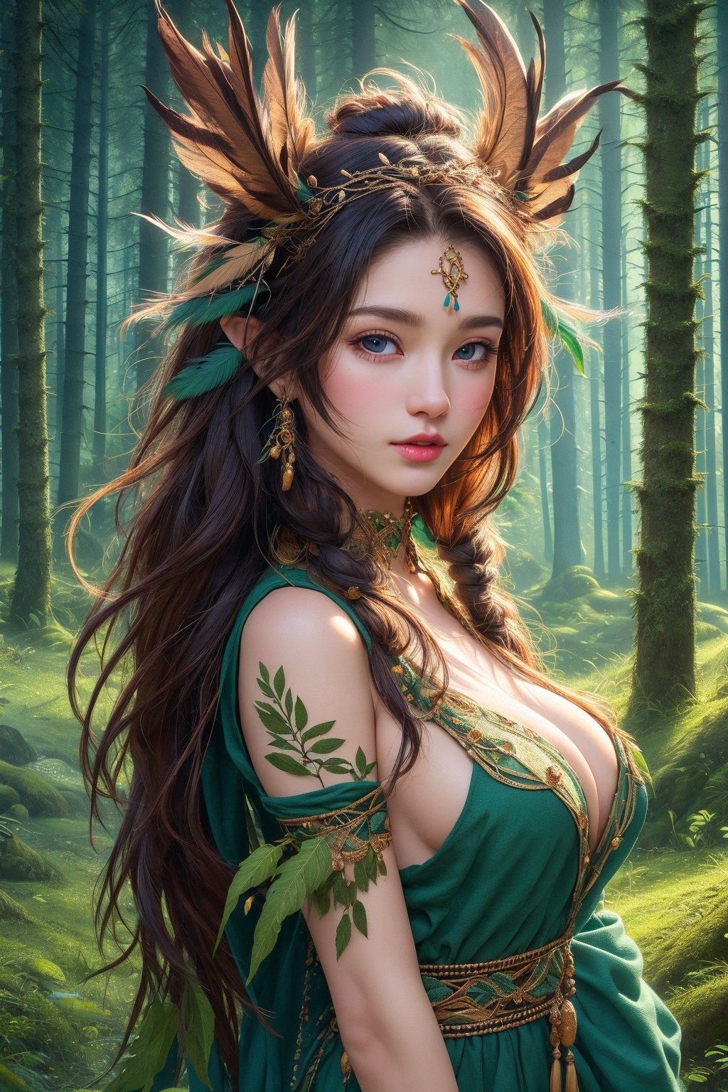 busty and sexy girl,  Tribal girl,  feather headdress 8k on Tensor.Art