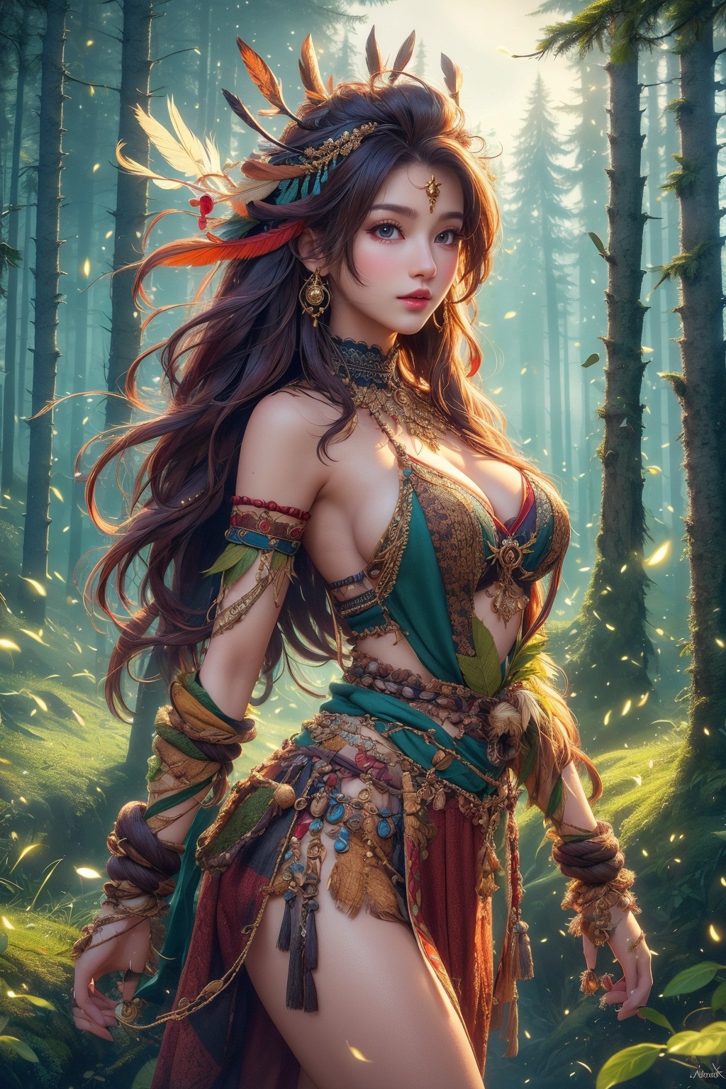 busty and sexy girl,  Tribal girl,  feather headdress 8k on Tensor.Art