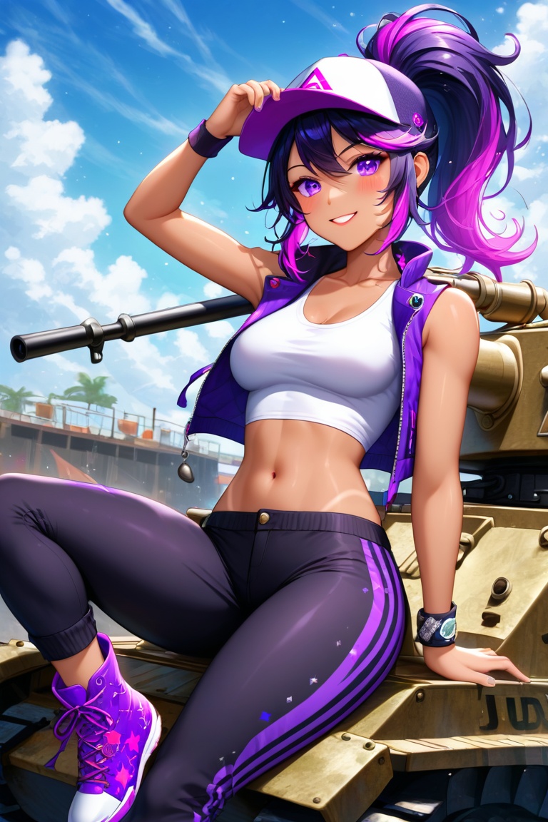 Volumetric lighting illuminates the scene as 26-year-old girl sits confidently on a **** vehicle,  her gaze directly addre...