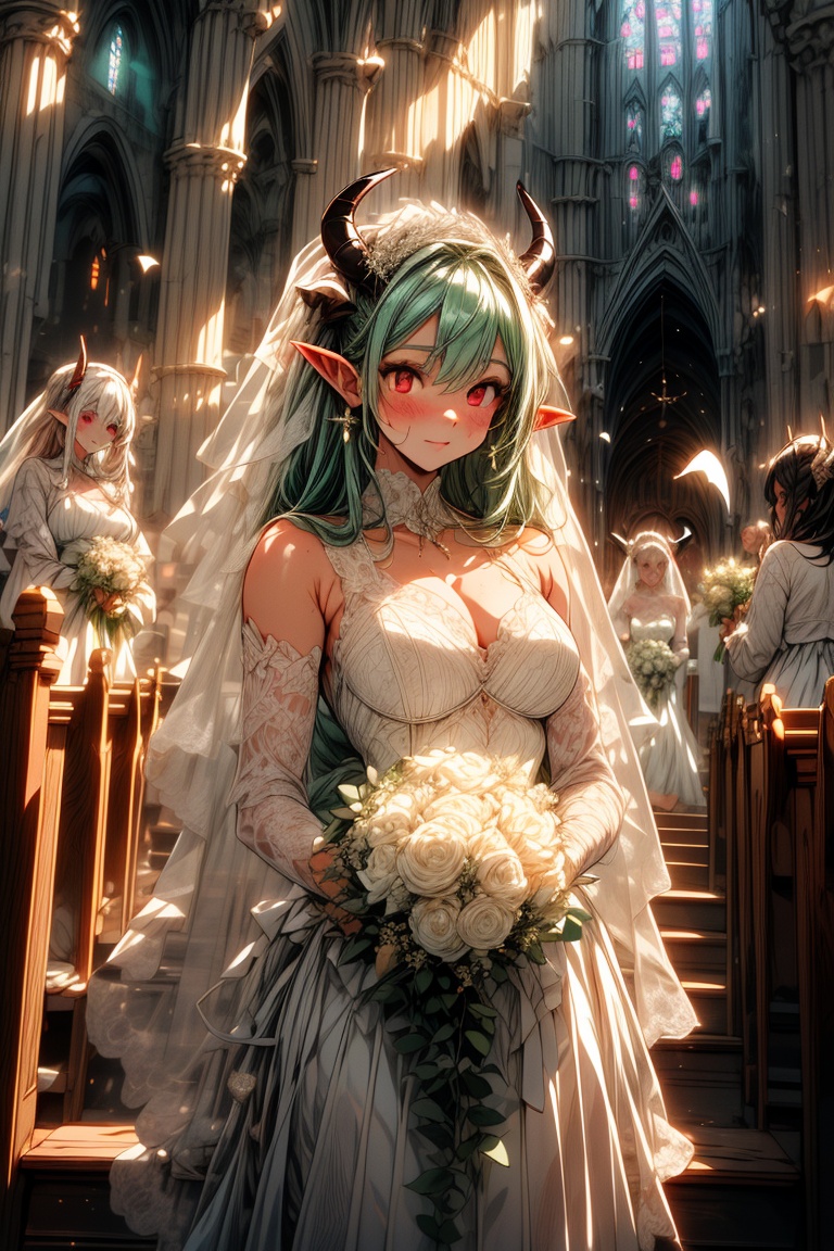 In a fantastical and beautiful church,  a beautiful succubus girl is surrounded by the blessings of her wedding. (Glossy g...