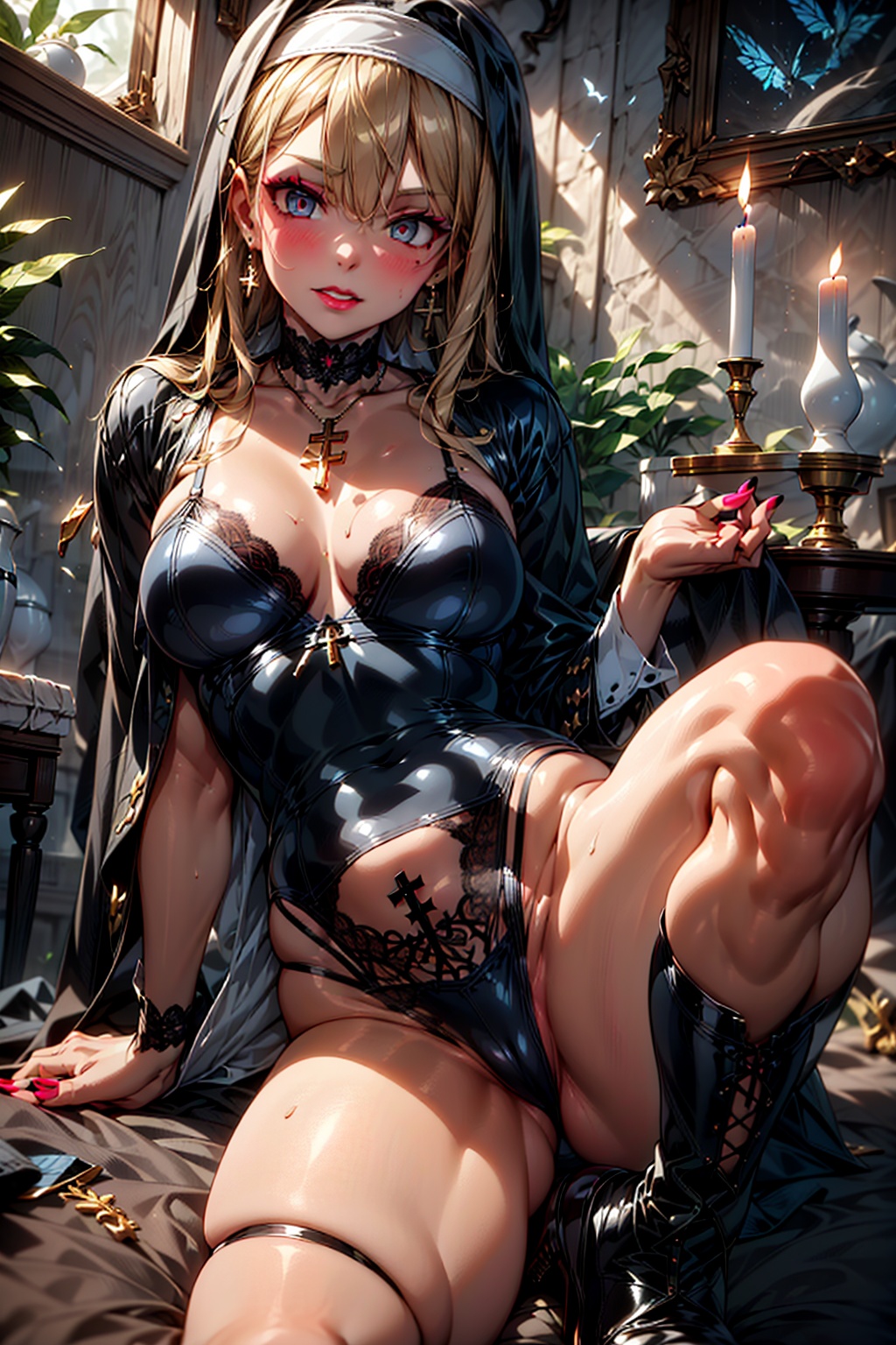 //Character 1girl,  BREAK //Fashion Dark Nun of Horror Costume,  A worn and tattered black habit for a spooky effect on Te...