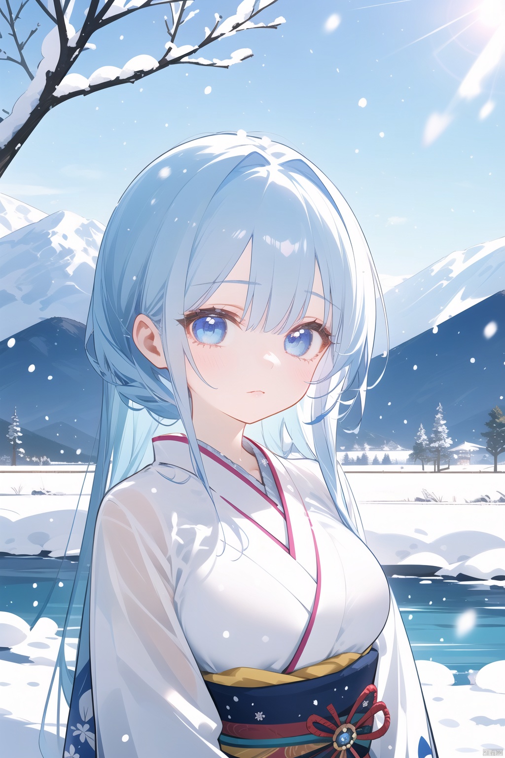 subsurface scattering,fresh cute,loli,dream,character portrait,(upper body),(bust),(nature),beautiful detailed girl, extremely detailed eyes and face, beautiful detailed eyes,detailed light, cinematic lighting, lens flare, light leaks, sunlight , shine , beautiful detailed glow,kimono,((cuteg)),(1girl),Light blue hair,(((loli))),blue kimono,solo,perspective,(long hair),((character portrait)),field,(((day))),((younger)),river,(lake),((snow shelter)),((snowing)),wind
