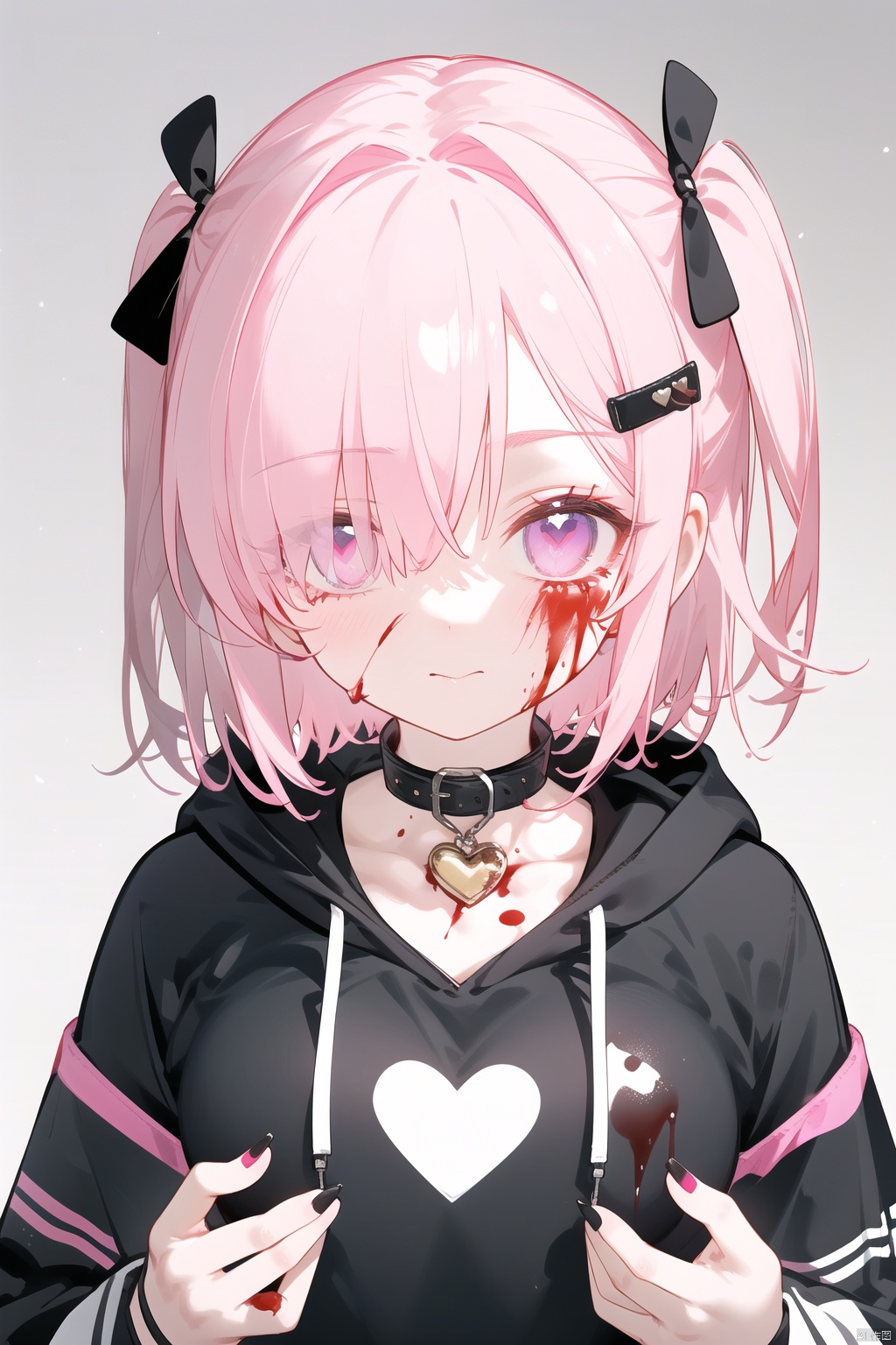 subsurface scattering,((cute boy)),1boy,solo,short boy,(solo focus), otoko no ko,pink hair, pink eyes,((very short hair)),((hair over one eyes)),((hair two side up)),hair ribbon,flat chest, black nails, blood, blood from mouth, blood on clothes, blood on face, collar, collarbone, fingerless gloves, hair ornament, hairclip, heart, hood, hoodie, looking at viewer, male focus, nail polish, red nails