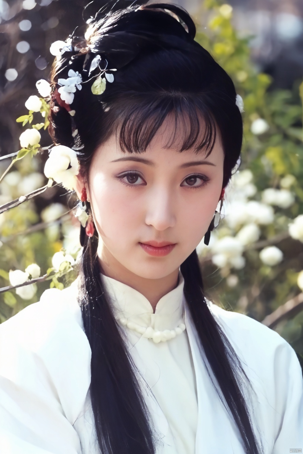 blurry, depth_of_field, blurry_background, blurry_foreground, earrings, jewelry, 1girl, solo, branch, black_hair, snow, lips