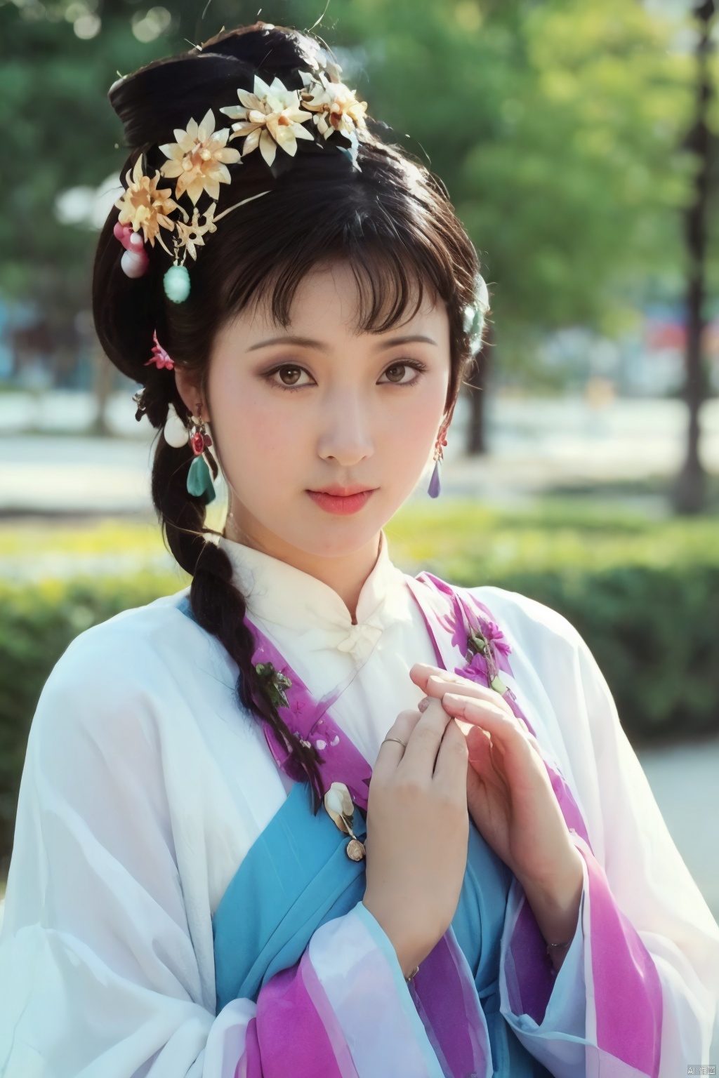 blurry, depth_of_field, blurry_background, blurry_foreground, earrings, jewelry, 1girl, cosplay_photo, pov_hands, looking_at_viewer, photo_\(medium\), tree, motion_blur, 3d, hair_ornament, brown_eyes