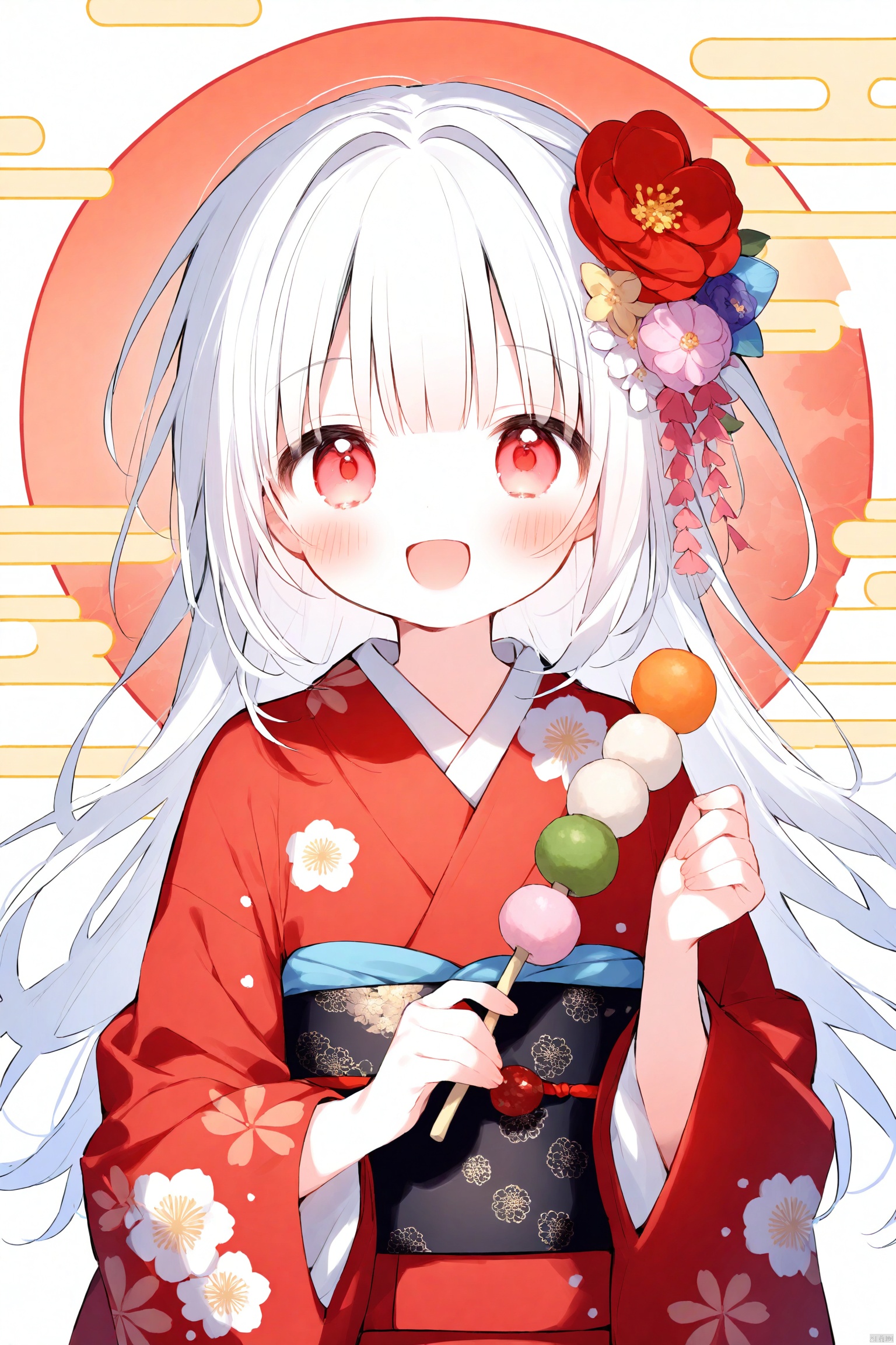 artist:yuki,1girl,loli,solo,long hair,looking at viewer,blush,smile,open mouth,bangs,hair ornament,red eyes,long sleeves,holding,upper body,flower,white hair,:d,food,japanese clothes,hair flower,wide sleeves,blunt bangs,kimono,sash,obi,hair intakes,floral print,red flower,red kimono,print kimono,wagashi,egasumi,moch
