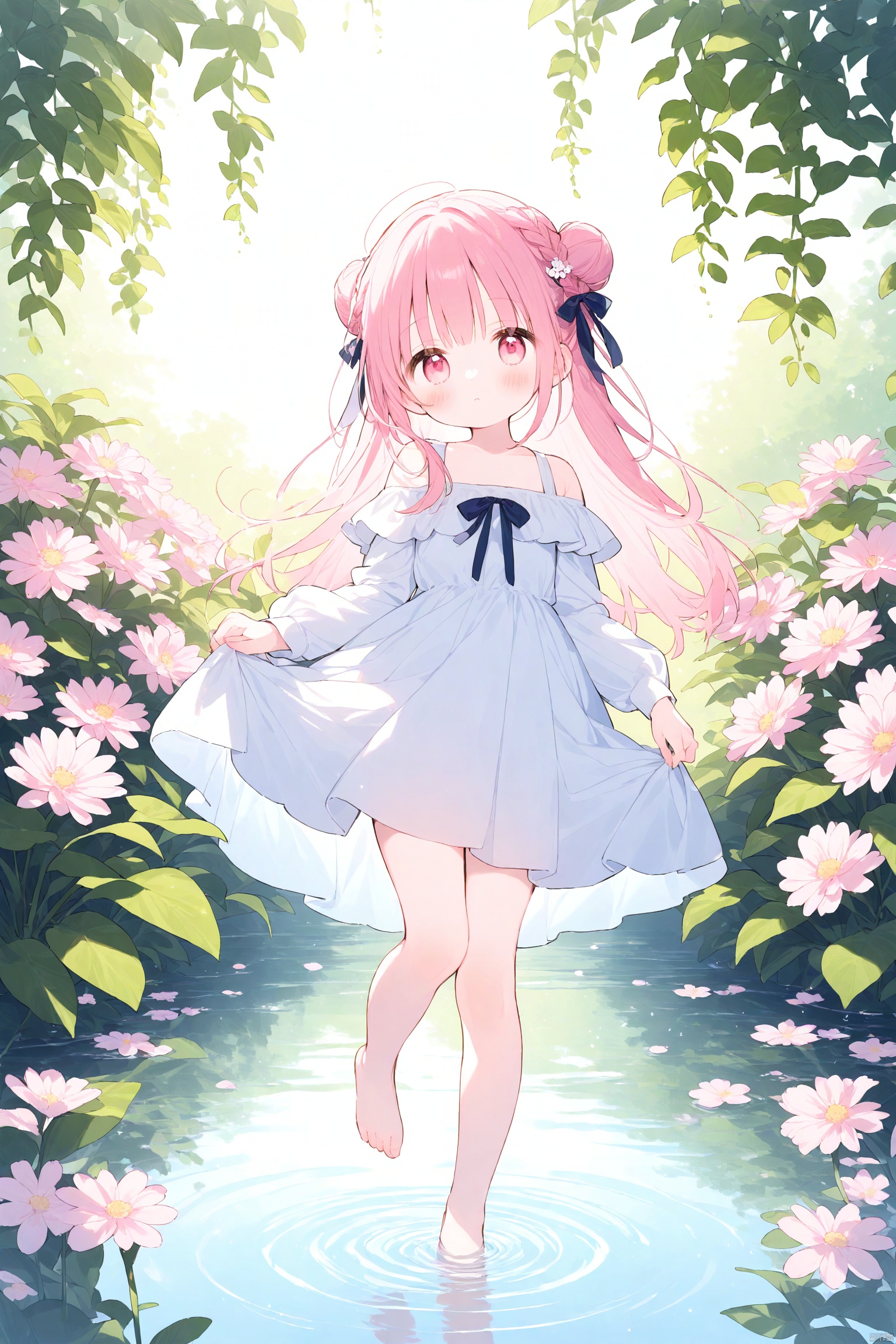 artist:yuki,masterpiece,best quality,high quality,loli,1girl, solo, long hair, looking at viewer, bangs, hair ornament, long sleeves, dress, ribbon, bare shoulders, closed mouth, standing, full body, hair ribbon, pink hair, braid, flower, barefoot, pink eyes, water, off shoulder, hair bun, white dress, bare legs, standing on one leg, plant, pink flower, reflection, skirt hold, off-shoulder dress, ripples