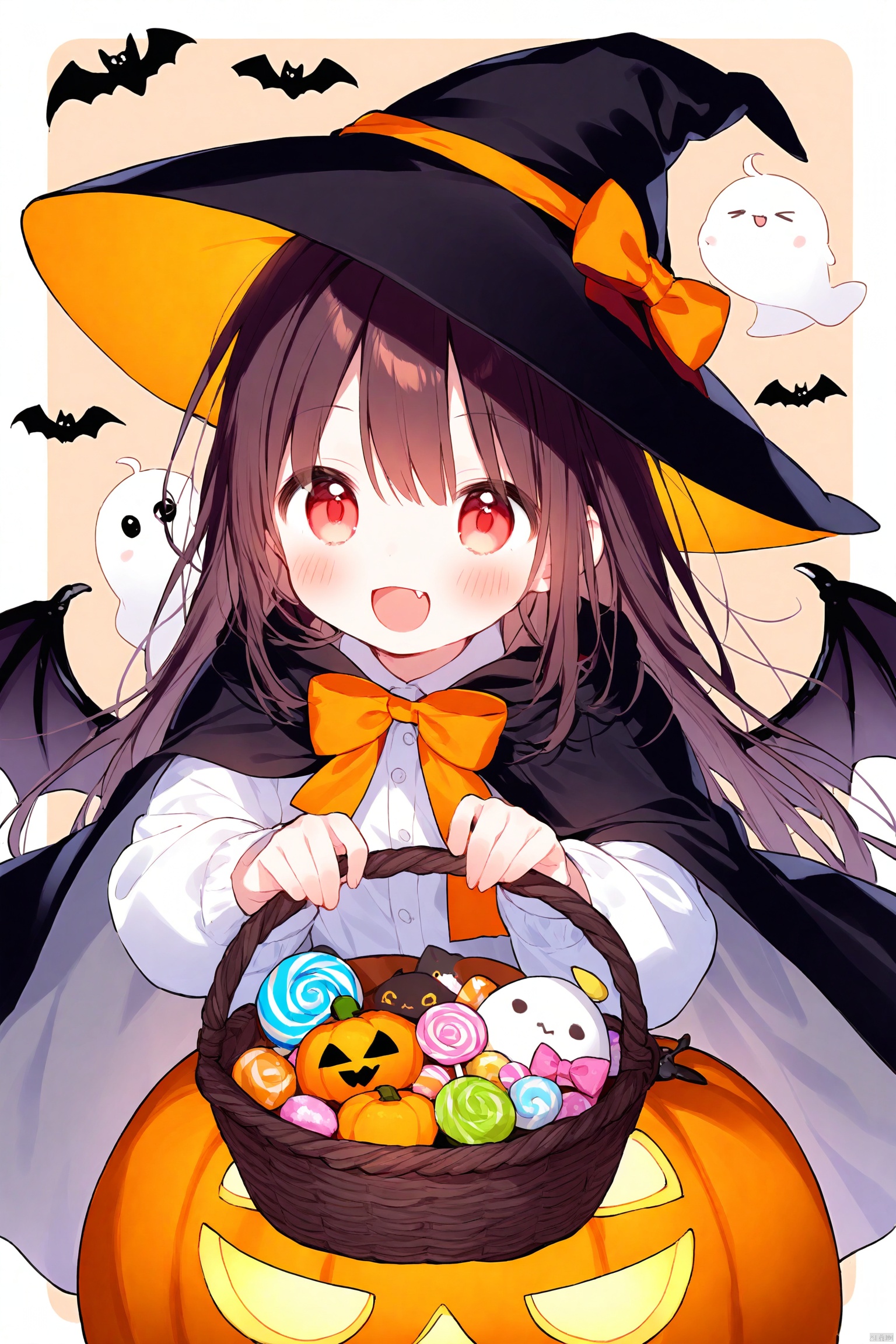 artist:yuki,loli,jack-o'-lantern, witch hat, halloween, pumpkin, hat, ghost, halloween bucket, rating:safe, bat, 1girl, halloween costume, pumpkin hat, bow, long hair, open mouth, pumpkin hair ornament, cat, ghost costume, happy halloween, cape, animal, blush, manjuu (azur lane), candy, claw pose, skirt, black headwear, shirt, hair between eyes, eyebrows visible through hair, bangs, basket, black capelet, orange ribbon, :d, tombstone, hat bow, bunny, fang, black cape, candy wrapper, red eyes, bat wings, mimikyu, solo, medjed (fate), black cat, food, very long hair, smile, red bow, witch,