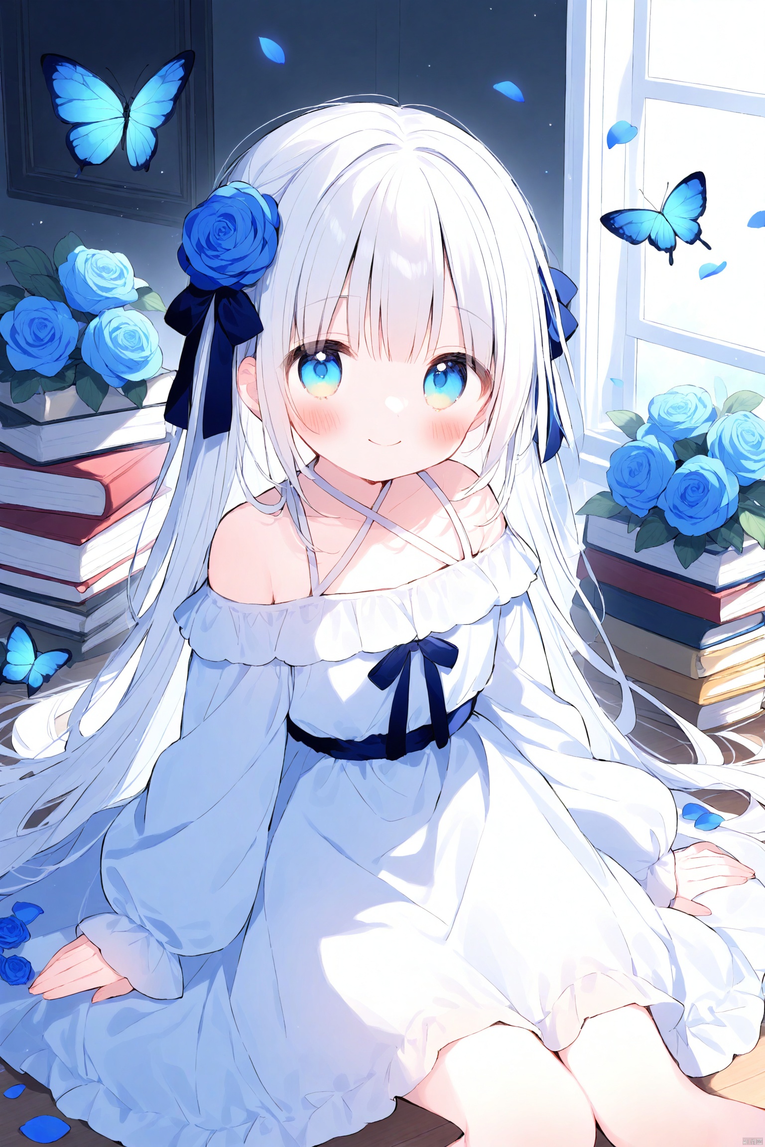 artist:yuki, loli,1girl, solo, long hair, looking at viewer, blush, smile, bangs, blue eyes, hair ornament, long sleeves, dress, ribbon, bare shoulders, sitting, very long hair, closed mouth, collarbone, hair ribbon, flower, white hair, puffy sleeves, indoors, hair flower, off shoulder, white dress, sleeves past wrists, book, petals, blue dress, rose, animal, halterneck, bug, butterfly, puffy long sleeves, blue flower, on floor, off-shoulder dress, criss-cross halter, blue rose, book stack, blue butterfly,