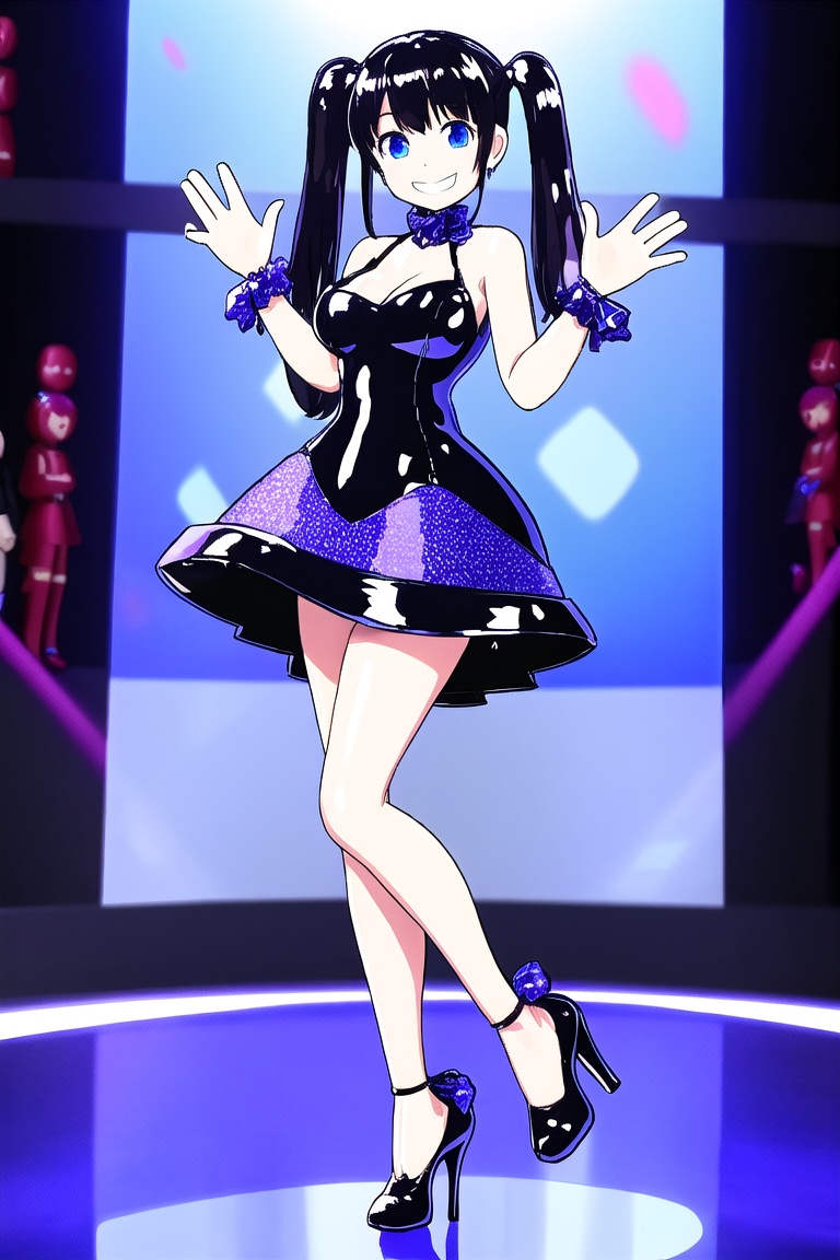 an SMD doll with a big smile made of shiny latex waving ,  long twin tails,  high heels and dress on Tensor.Art